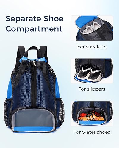 Miniatura 2 de Mochila de malla con cordón y compartimento para zapatos, mochila deportiva para gimnasio con bolsillos de malla, mochila de playa para natación,