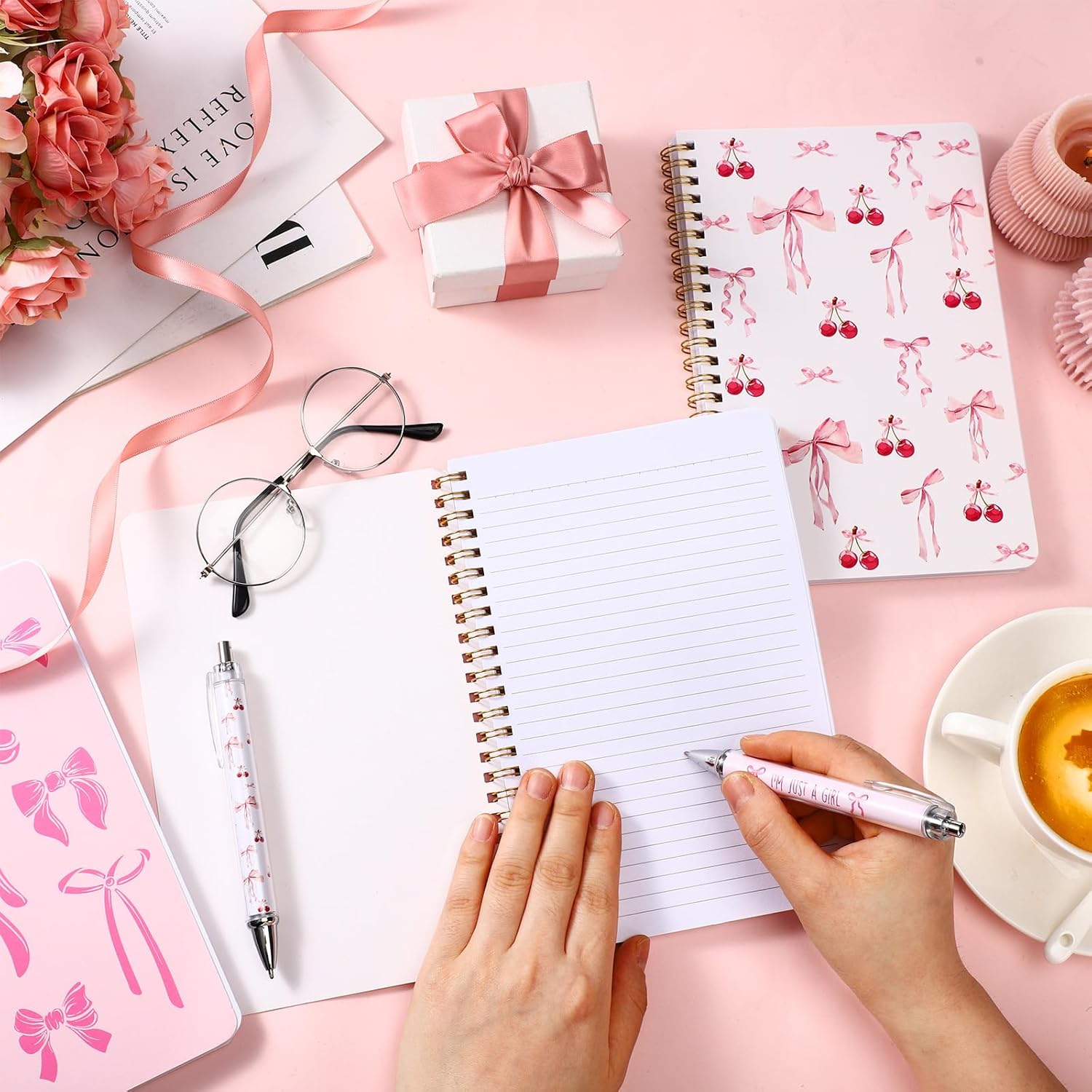 6 Pack A5 Pink Bow Spiral Notebooks Coquette Bow Preppy Journal Cute Aesthetic Ruled Notebooks with Ballpoint Pens for Office School Day Classroom Prize Gifts, 5. 8 x 8. 3 Inch - Image 6