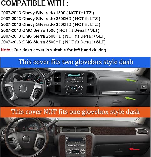 Miniatura 2 de HanLanKa Cubierta de tablero para GMC Sierra y Chevrolet Silverado, se adapta a modelos 2007-2013 con dos guanteras. Tapete de tablero de ajuste