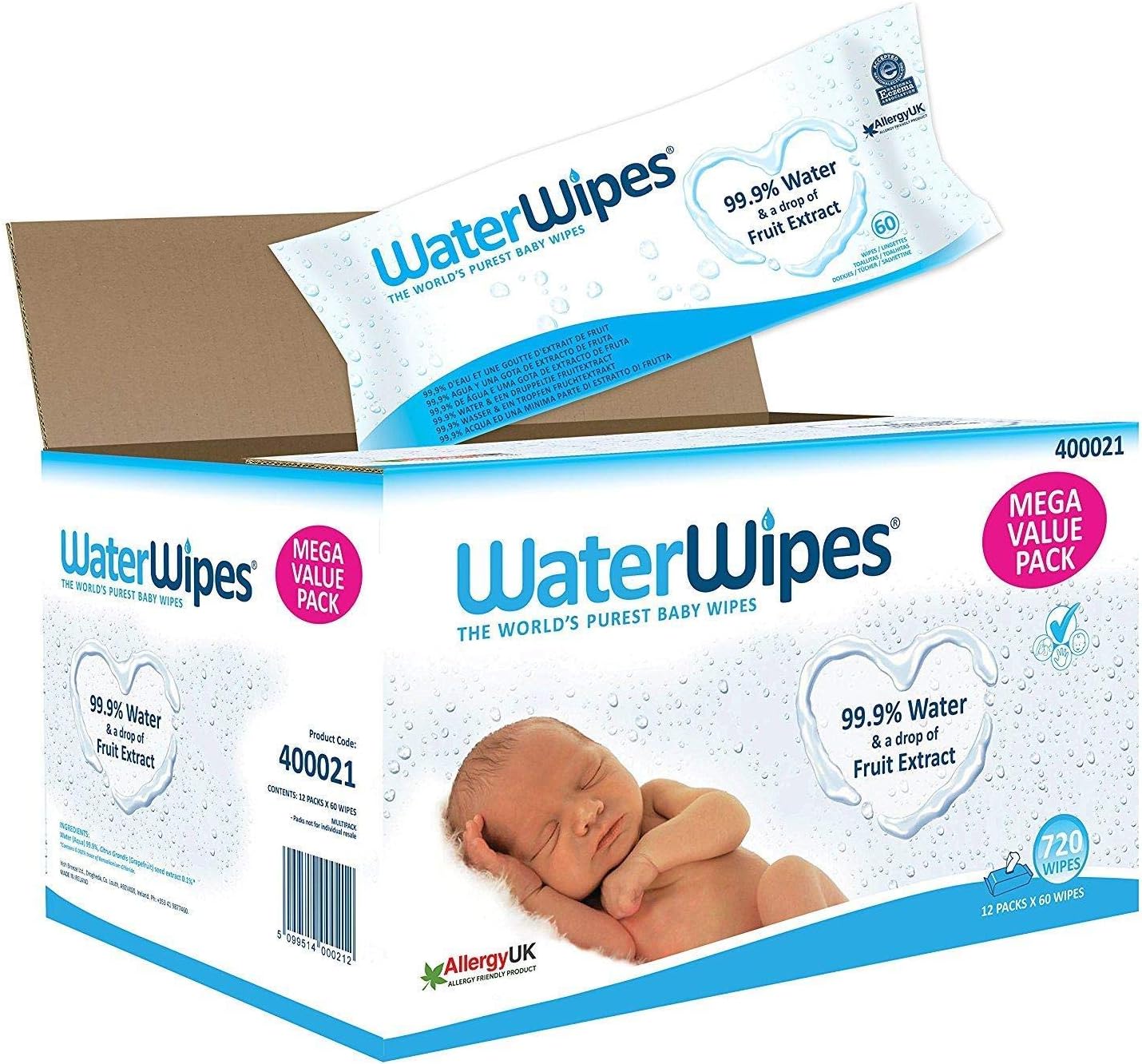 Water Wipes Purest Baby Wipes Sensitive Skin 60 Counts x Pack of 12 (720 Wipes)