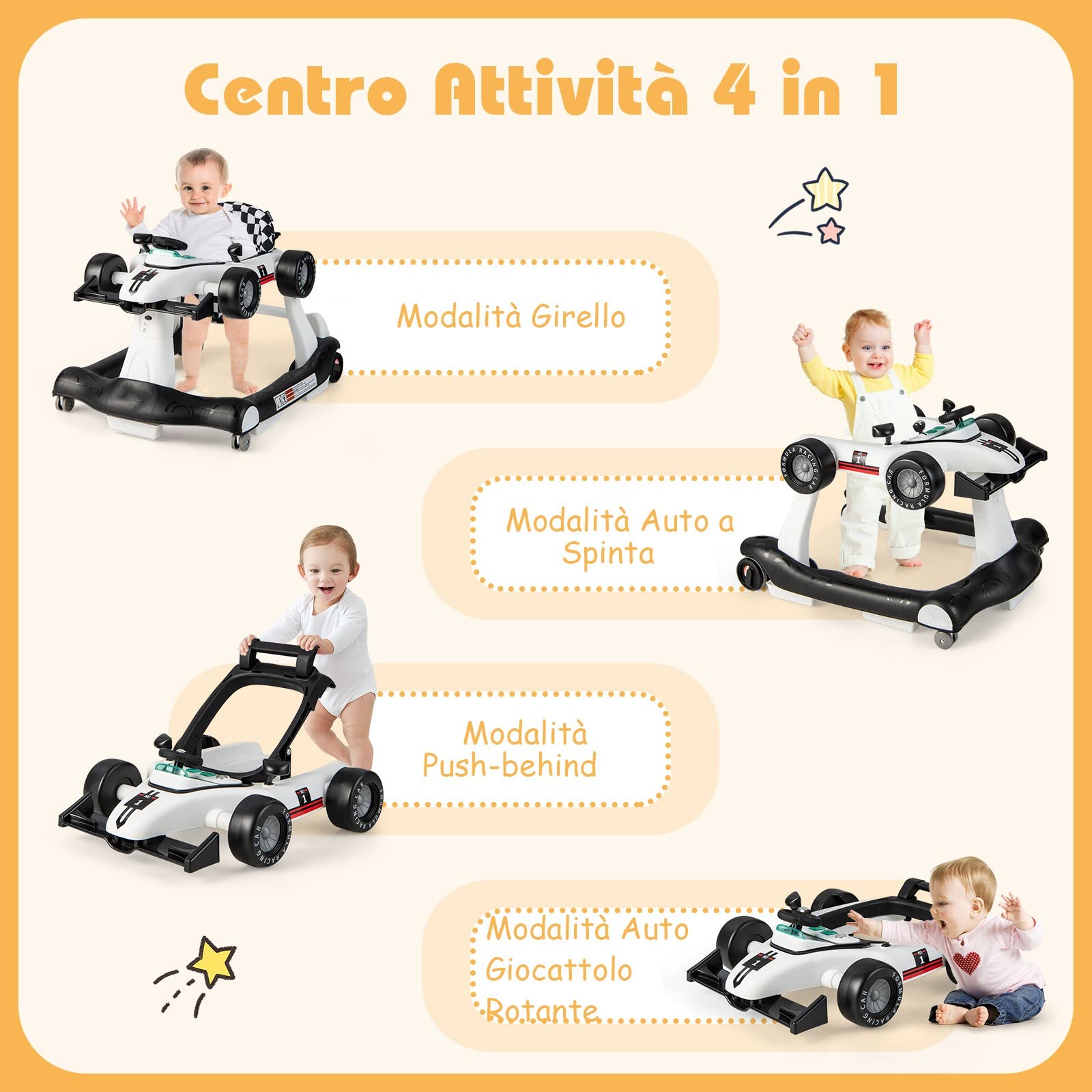 GYMAX Girello per Bambini 4 in 1 a Spinta, Girello Primi Passi Pieghevole con Altezza e Velocità Regolabile, con Luci e Suoni per Bambini 6-18 Mesi, Portata 12 kg, 73 x 64 x 55,5 cm (bianco)