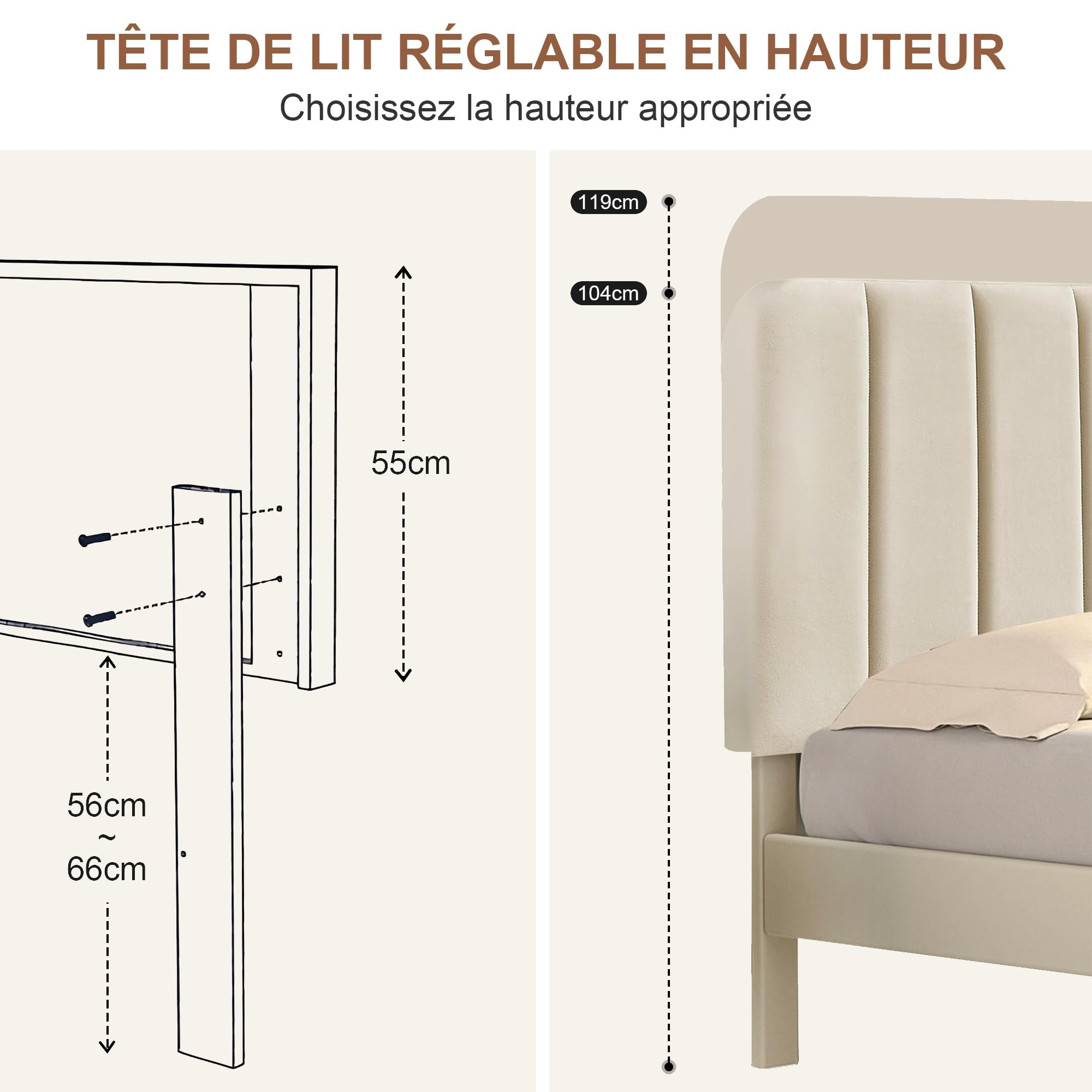 VECELO Lit Double Rembourré 140x190 cm, Support à Lattes en Bois Solide, Tissu Velours, Facile à Assembler, Beige