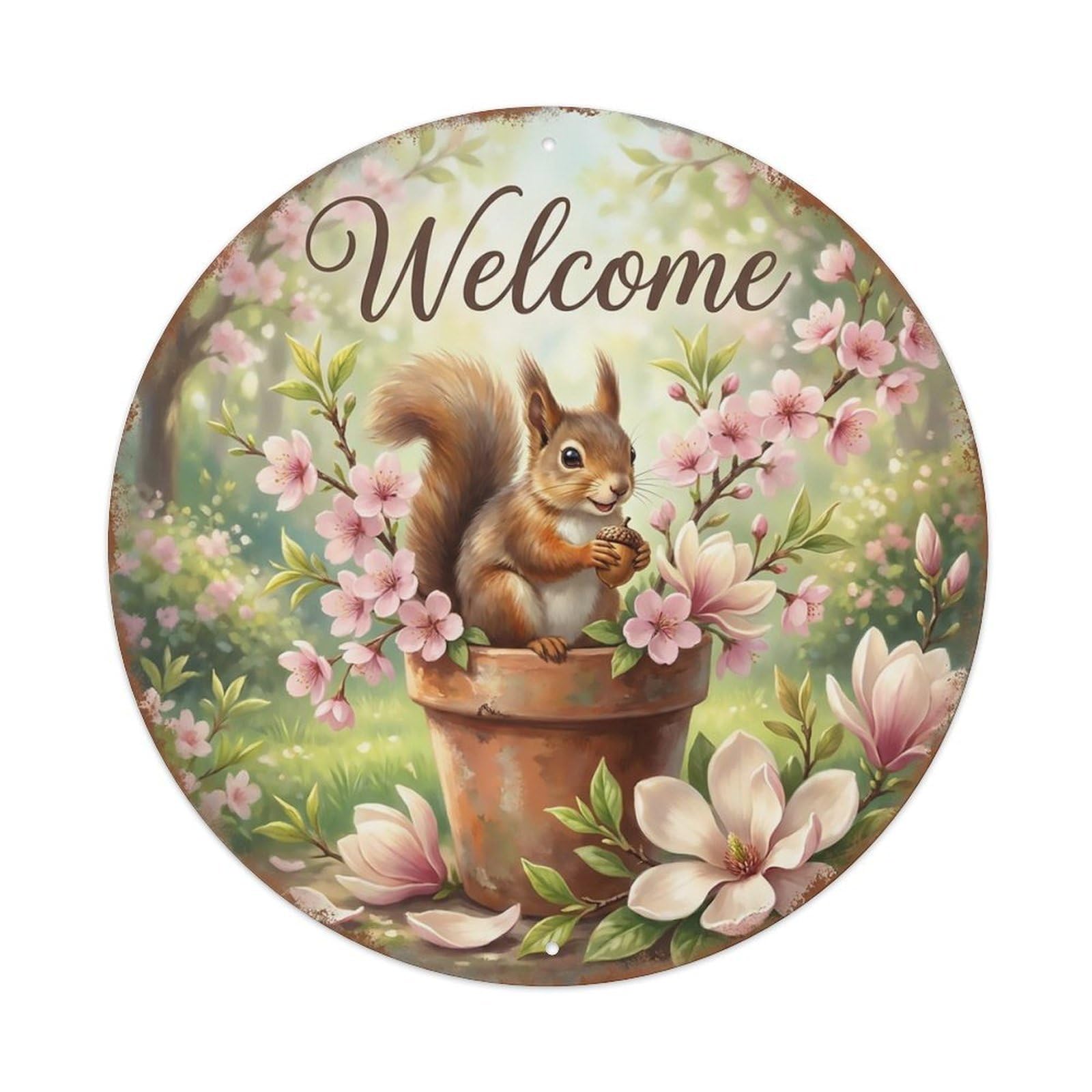 Welcome Squirrel Cherry Blossoms Metal Tin Sign