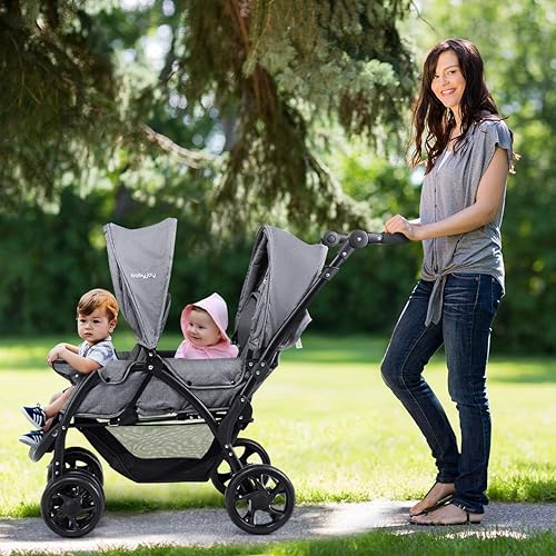 Miniatura 6 de BABY JOY Cochecito de bebé doble, plegable de doble asiento con respaldo ajustable, mango de empuje y reposapiés, ruedas con bloqueo, cinturón de