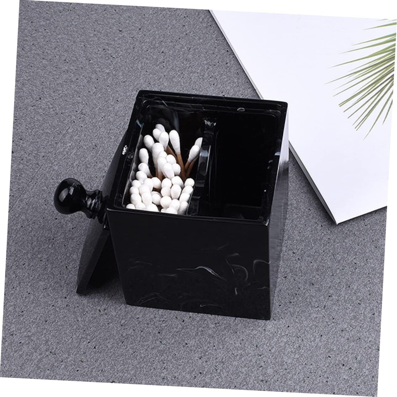 PRETYZOOM 2pcs Double Grids Marble Cotton Swab Organizer Lid Elegant Resin Makeup for Home Storage Modern Design for and Swabs Space-saving Essential Black