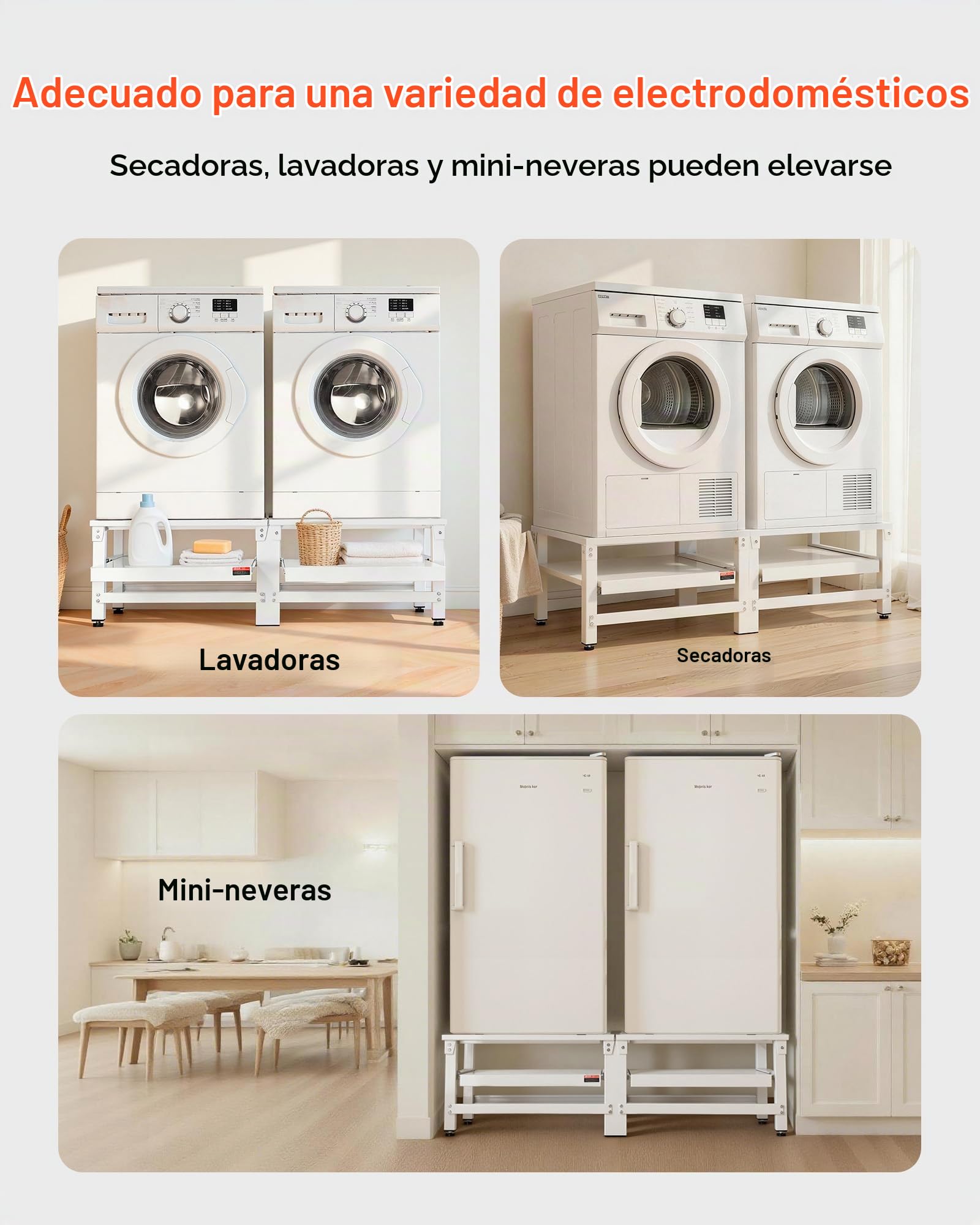 VEVOR Soporte para Lavadora Alto de 370 mm, Base de Lavadora de Acero Resistente, Capacidad de Carga de 318 kg, Pedestal Universal para Secadora con Bandeja Extraíble, Patas Antideslizantes, 2 Piezas