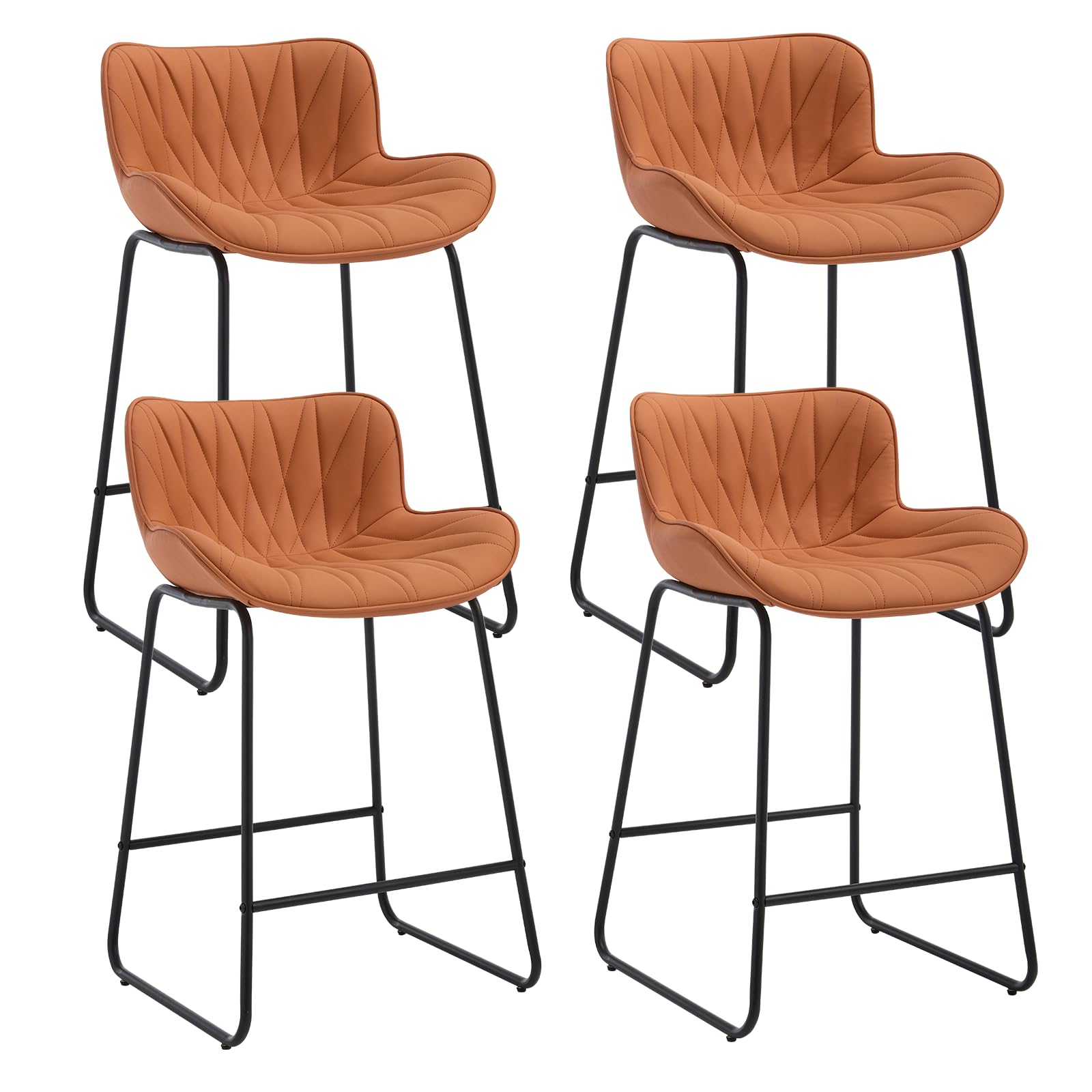 chairus Juego de 4 Taburetes de Bar de Cuero PU Sillas Altas de Estilo Industrial,Taburetes Altos con Respaldo Silla de Isla de Cocina con Patas Metálicas para Barra/Cafetería, Naranja