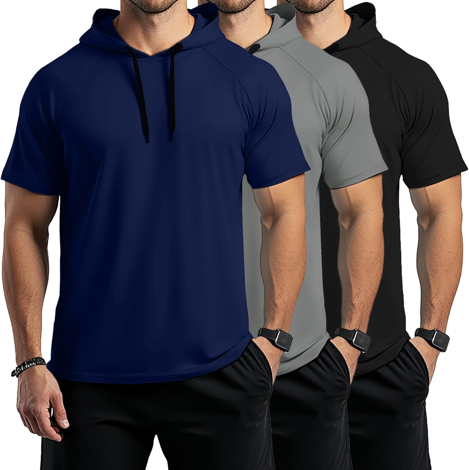 Ficerd 3 Pack Big and Tall Men's Hoodie Short Sleeve Workout T Shirts Casual Running Athletic Pullover Sweatshirt