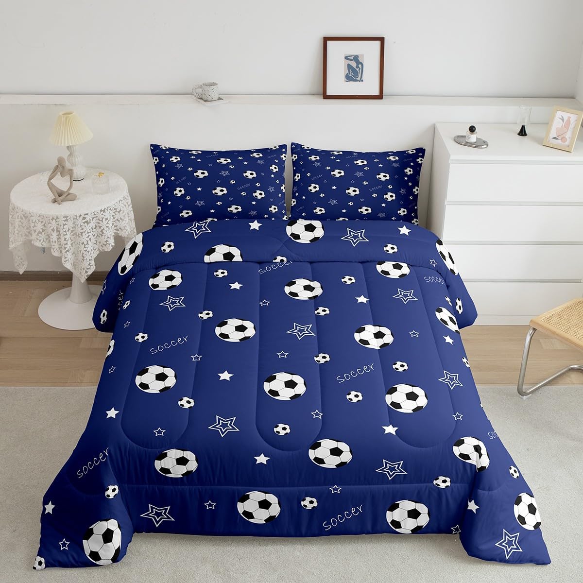 Feelyou Boys Football Comforter Set Queen Size Sports Theme Bedding Set for Boys Girls Soccer Ball Pattern Blue Comforter Women Men Duvet Set with 2 Pillow Cases