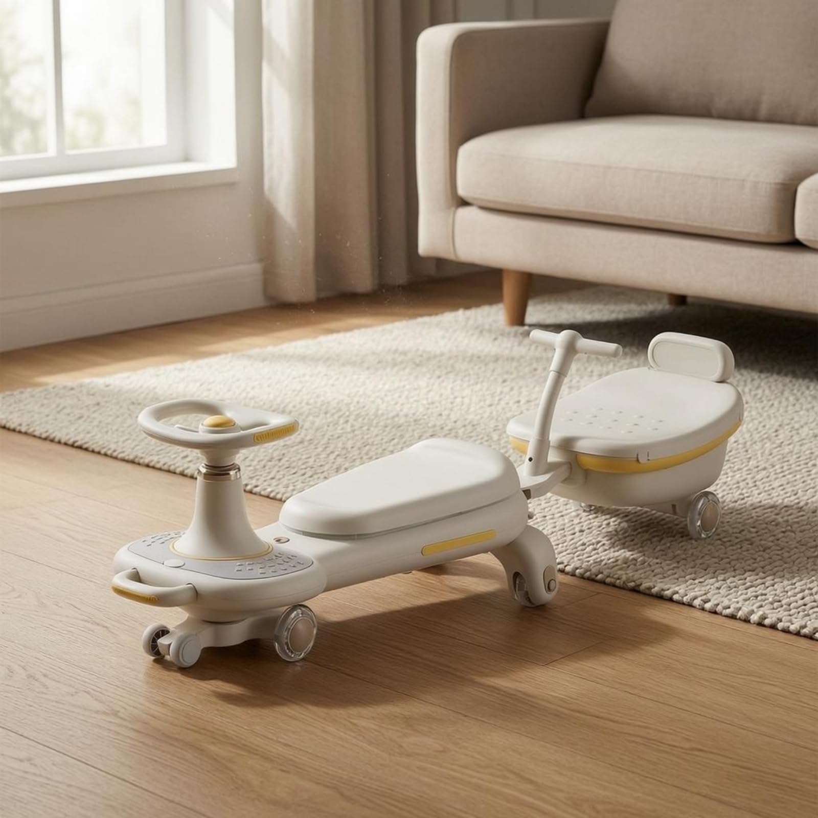 Coche para Montar Infantil Luces y Música Auto Juguete con Volante Antivuelco para Niños, Marrón