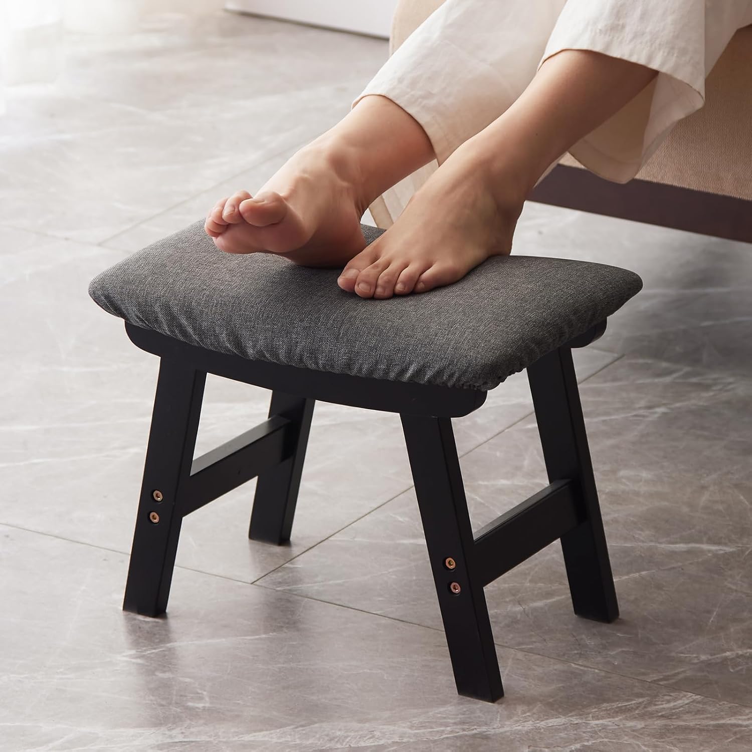 Kitsanery Foot Stool,Ottoman,Bamboo Small Sofa Foot Rest Under Desk,Extra Seating for Living Room, Bedroom and Kitchen (Black Stool Legs - Gray Surface)