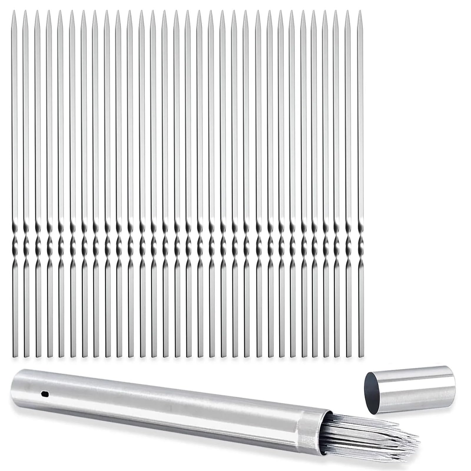 Pinchos Acero Inoxidable 40 brochetas planas for barbacoa de acero inoxidable 304 34 cm largo, con tubo almacenamiento metálico, reutilizables for asar