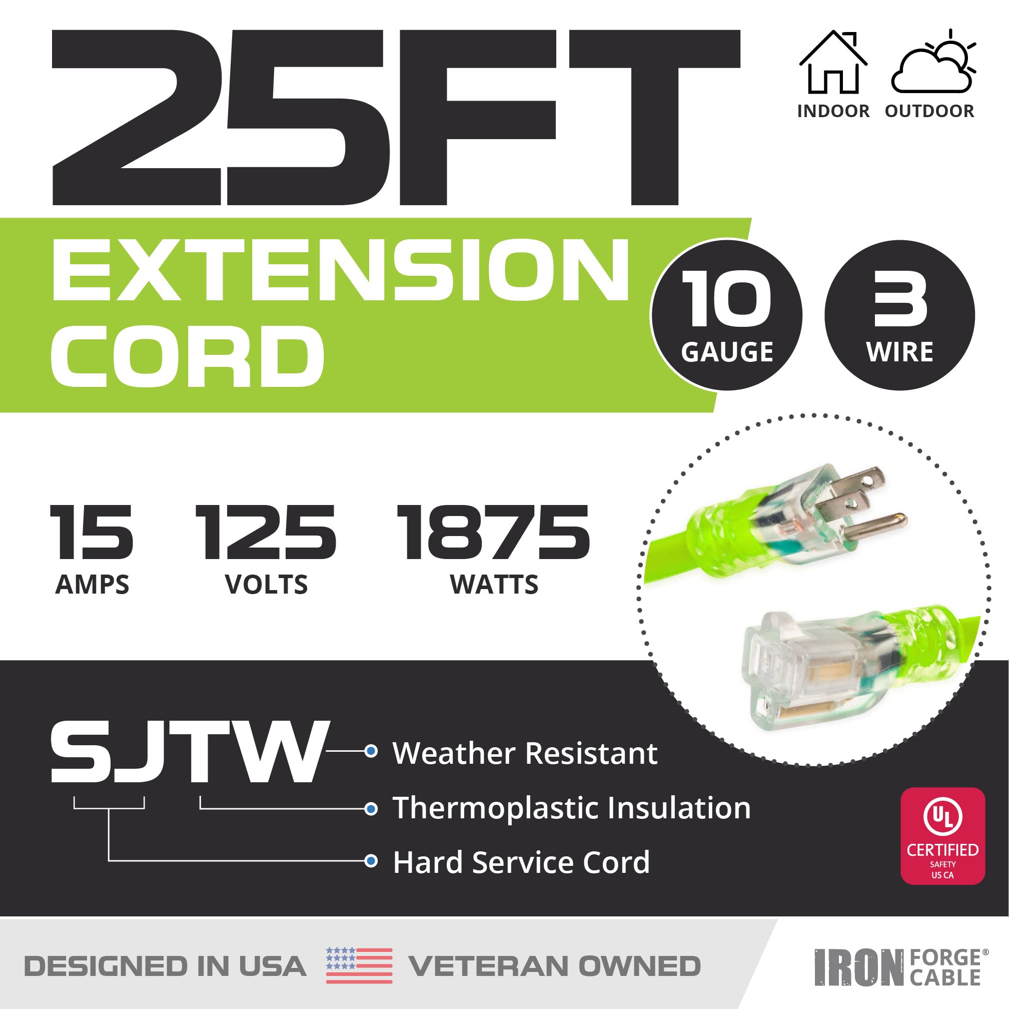Cable de extensión para exteriores de 25 pies, 10/3 SJTW verde neón de alta visibilidad, cable de extensión de calibre 10 con enchufe a tierra de 3 puntas para mayor seguridad