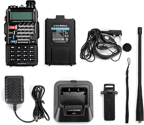 Miniatura 7 de BAOFENG UV-5R+Plus radio de dos vías de doble banda con auricular, largo alcance para adultos, Walkie Talkie de mano negro + cable de programación
