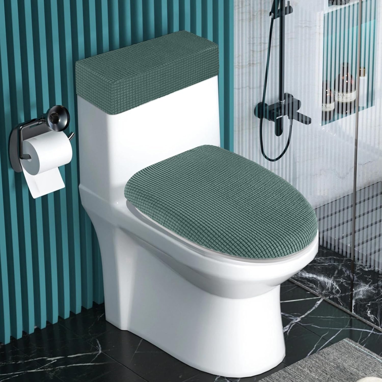 Toilet Lid Cover and Toilet Tank Cover Stretch Toilet Covers Set for Bathroom, Polyester Spandex Jacquard Fabric, Machine Washable, with Elastic Bottom, Sage Green