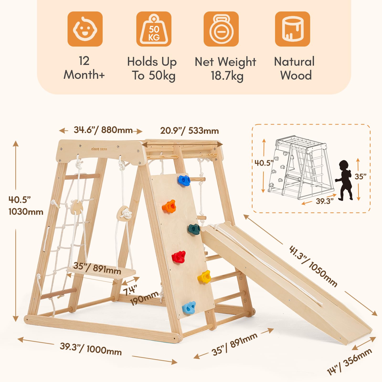 Indoor Klettergerüst ab 1-3 Jahre 7 in 1 Montessori Klettergerüst Großes Klettergerüst aus Holz Klettergerüst mit Rutsche, Holz Kletterturm mit Leiter und Rutschbahn für Kinder (1-3 Jungle Gym)