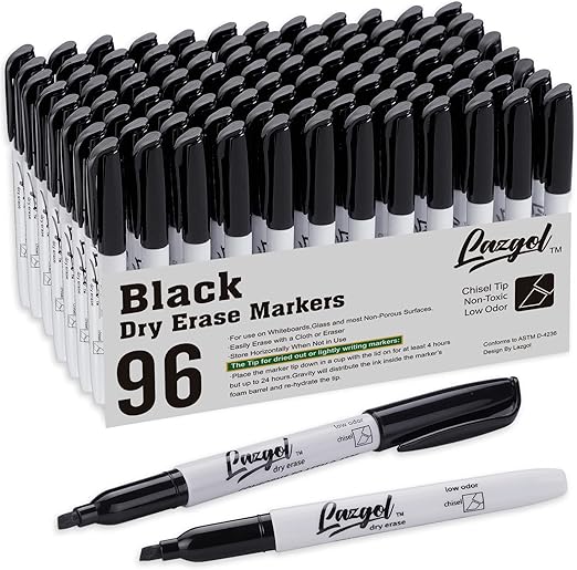 LAZGOL Dry Erase Markers Bulk, 96 Pack Black Dry Erase Markers Chisel Tip, Low Odor