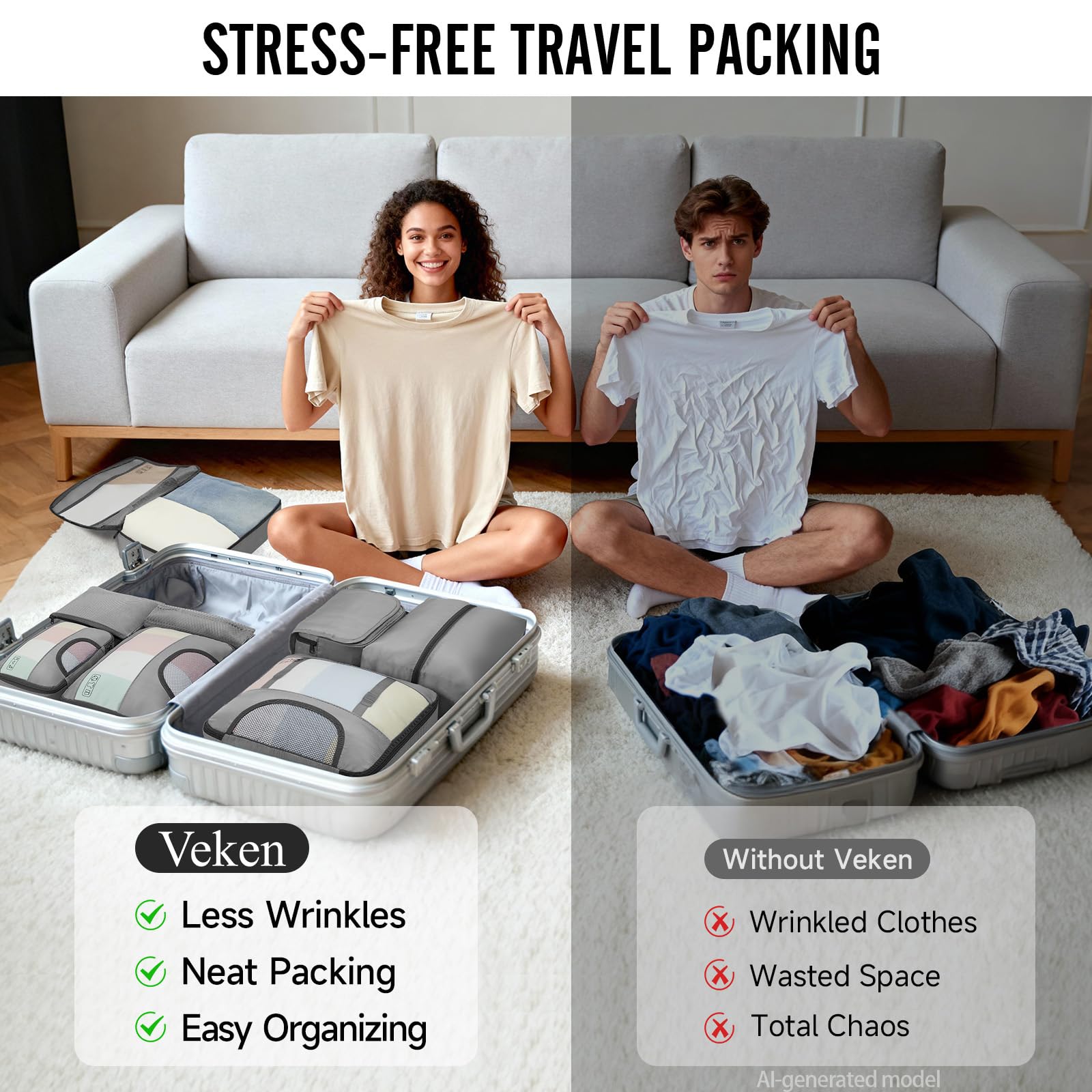 Veken 10 Set Packing Cubes for Travel Essentials,Anti-Wrinkle Buckled Suitcase Organizer for Shoe & Toiletry Bag,Carry On Luggage Bag with 99+ Count Mesh Holes for Airplane & College Dorm Accessories view 7