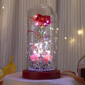 for Women, Light Up Eternal Rose with Silver Crown, LED Artificial Red Roses on Red Base, Birthday Gift for Mom Wife Girlfriend Red