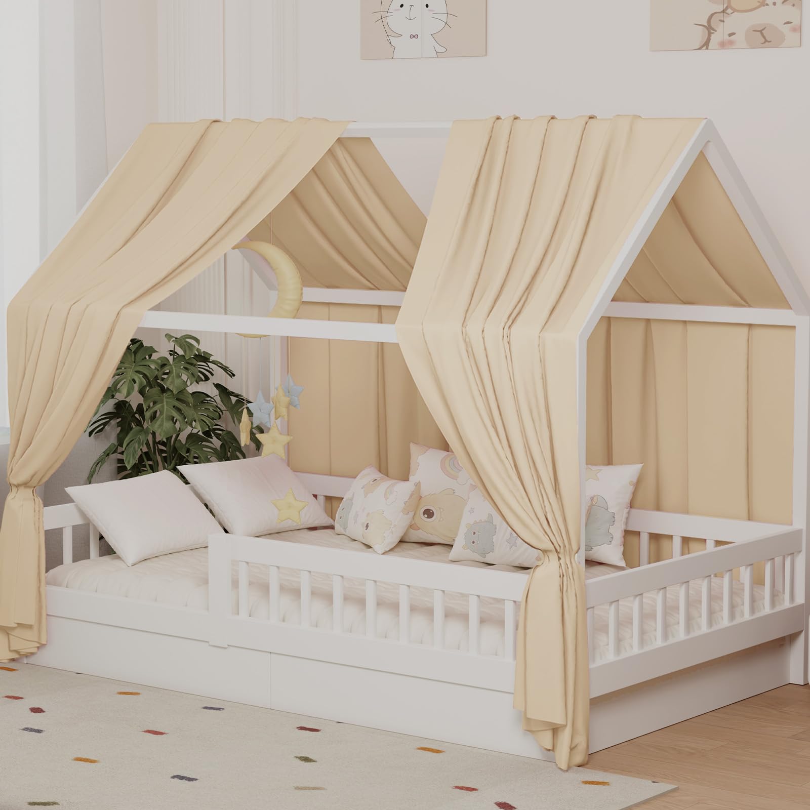 Ciel de lit cabane fille garçon tissu beige rideau chambre enfant 270cm