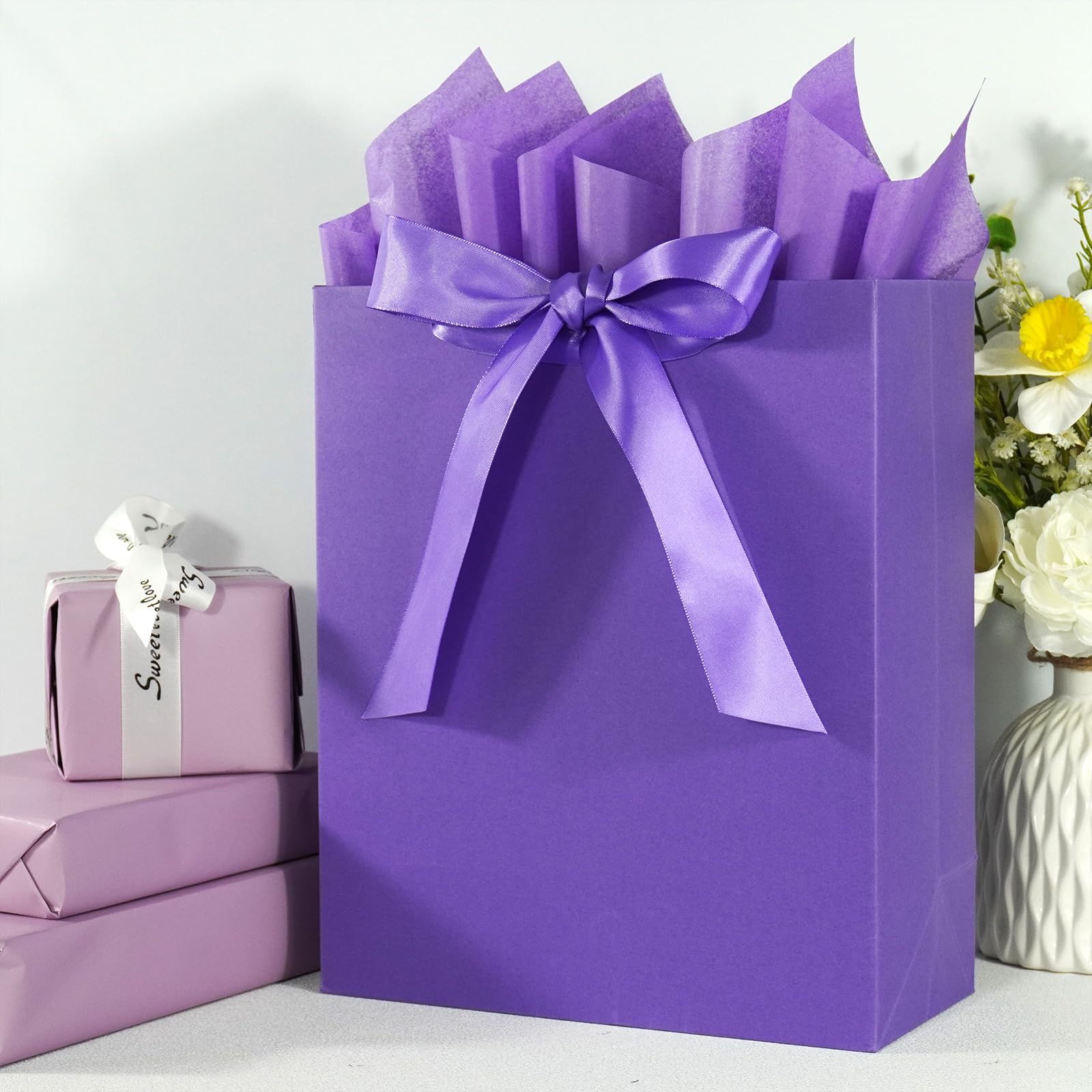 Elegant Purple Gift Bag 10.2"x4.7"x12.2" with Ribbons Handles, Includes Card and Tissue Papers for Weddings, Birthdays, Baby Shower, Parties, Holidays