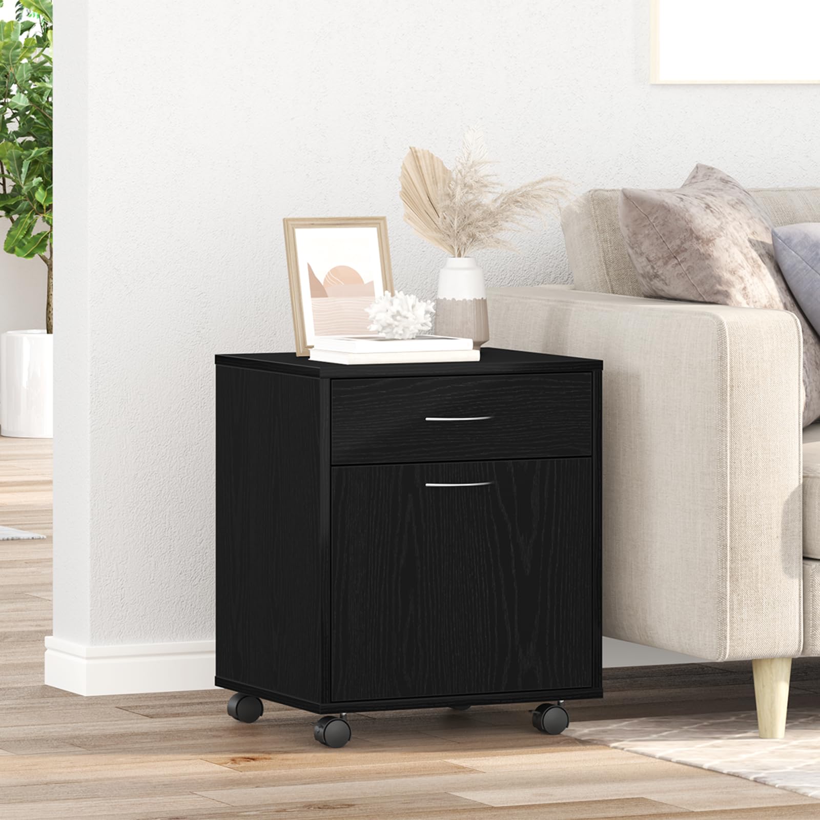 Rollschrank Schwarz Eiche 45x38x54 cm Holzwerkstoff mit Schublade und Tür für Büroorganisation und Stauraum