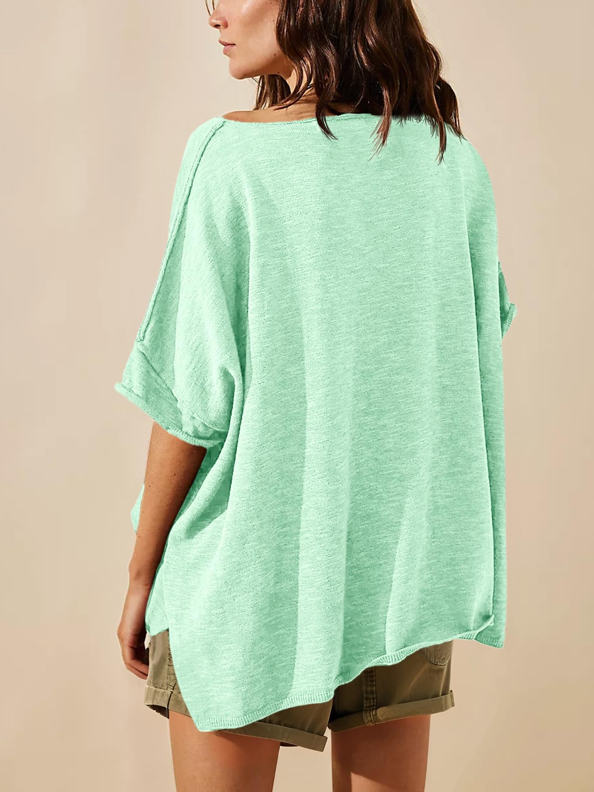 Tankaneo T-shirt surdimensionné pour femme - Col rond - Manches courtes - Ourlet fendu sur le côté - Tunique