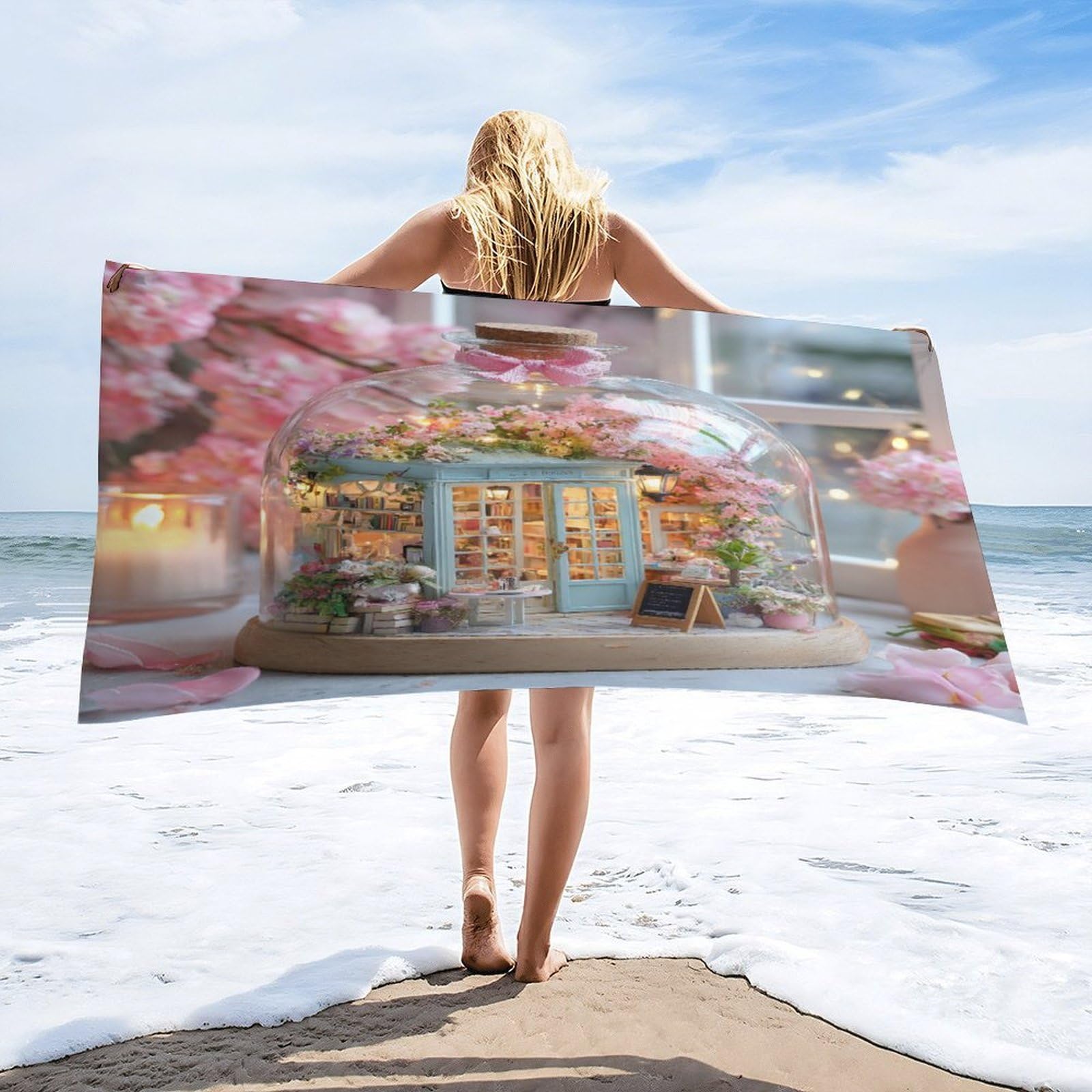 Luyysky Modern Watercolor Fairy Library Quick-Drying Beach Towel, Beautiful Vintage Spring Plant Cherry Blossoms Floral Books Travel Vacation Single Sided Pile Bathroom Towels-80 W Cm X 160" L Cm