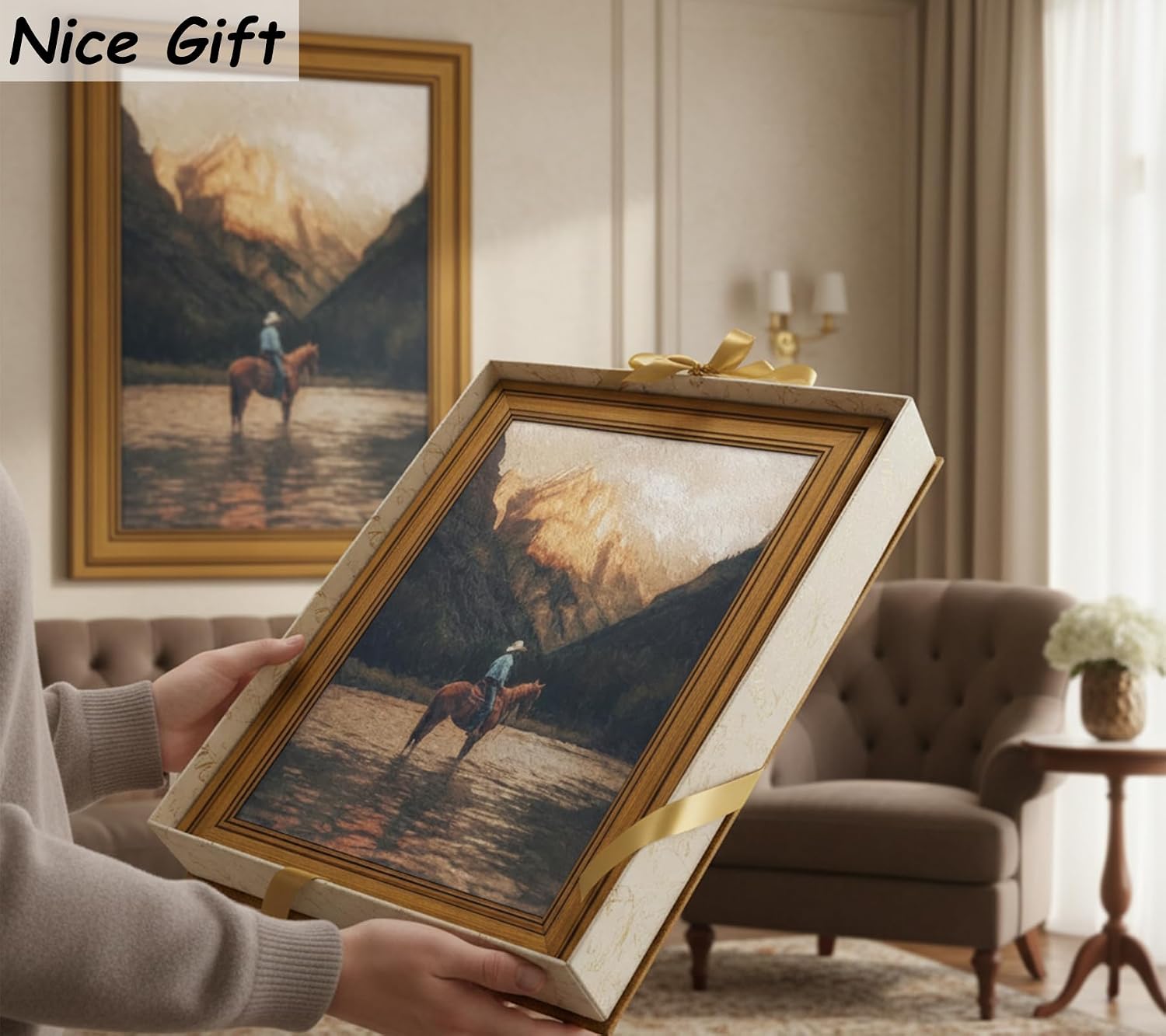 Vintage Gold Framed Western Cowboy Canvas Wall Art, Horse Rider Poster Print Artwork, Alpine Lake Landscape Painting Picture Wall Decor, for Living Room, Bedroom, Home Decoration, 12x16in