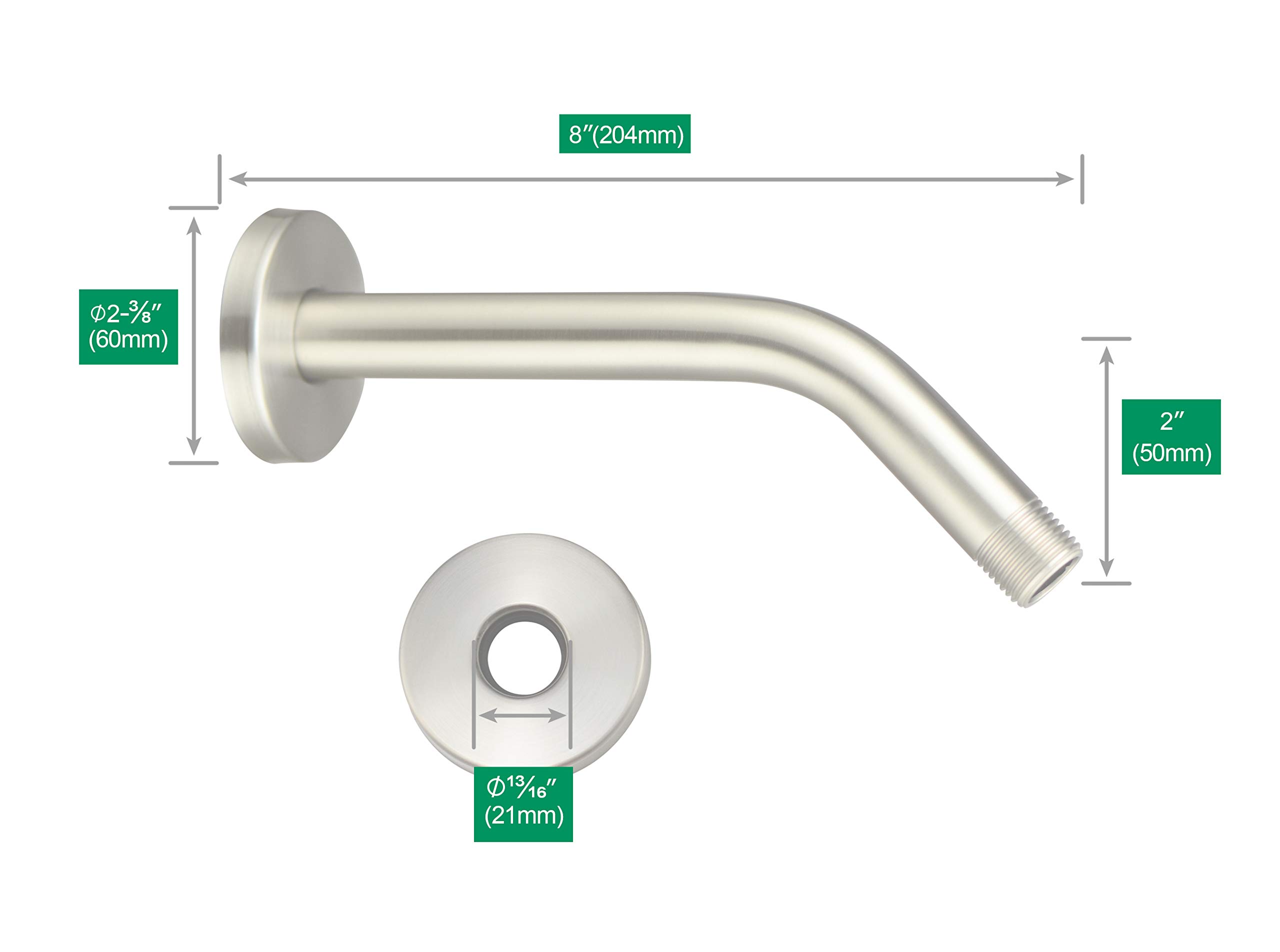 Purelux Uniwersalne ramię prysznicowe 20,32 cm wykonane ze stali nierdzewnej, w zestawie kołnierz wykończeniowy ze szczotkowanego niklu