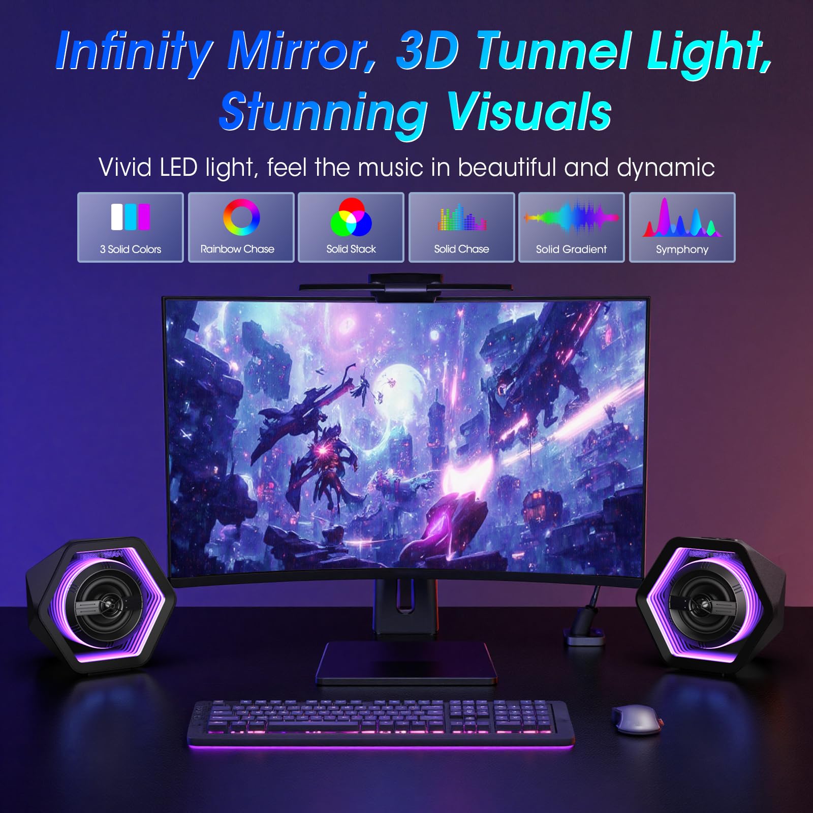 BESTISAN Altoparlanti da gioco per computer con retroilluminazione 8 RGB, design compatto, altoparlante alimentato a corrente continua con 3 modalità di equalizzazione, altoparlanti attivi da 50 Watt