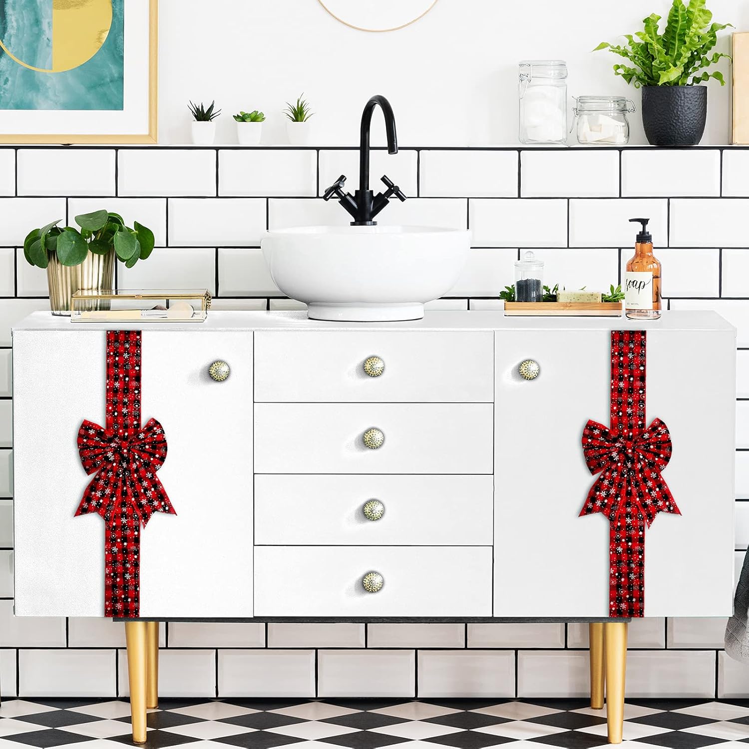6 Pieces Christmas Cabinet Ribbon Bows for Kitchen Large Red Black Buffalo Plaid Door Ribbons and Bows 78.8 x 2.6 Inch Classic Checkered for Festive Xmas Party Decoration Home Tree Wreath Craft