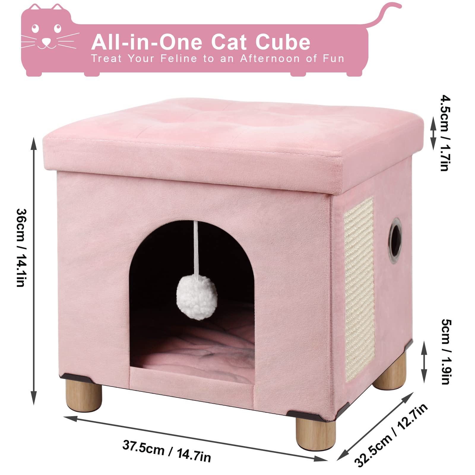 BRIAN & DANY Pieghevole Cuccia Gatto, Casetta Grande per Gatti con Tiragraffi e Pallina da GiocoGrigio, 37,5×32,5×36cm, Rosa