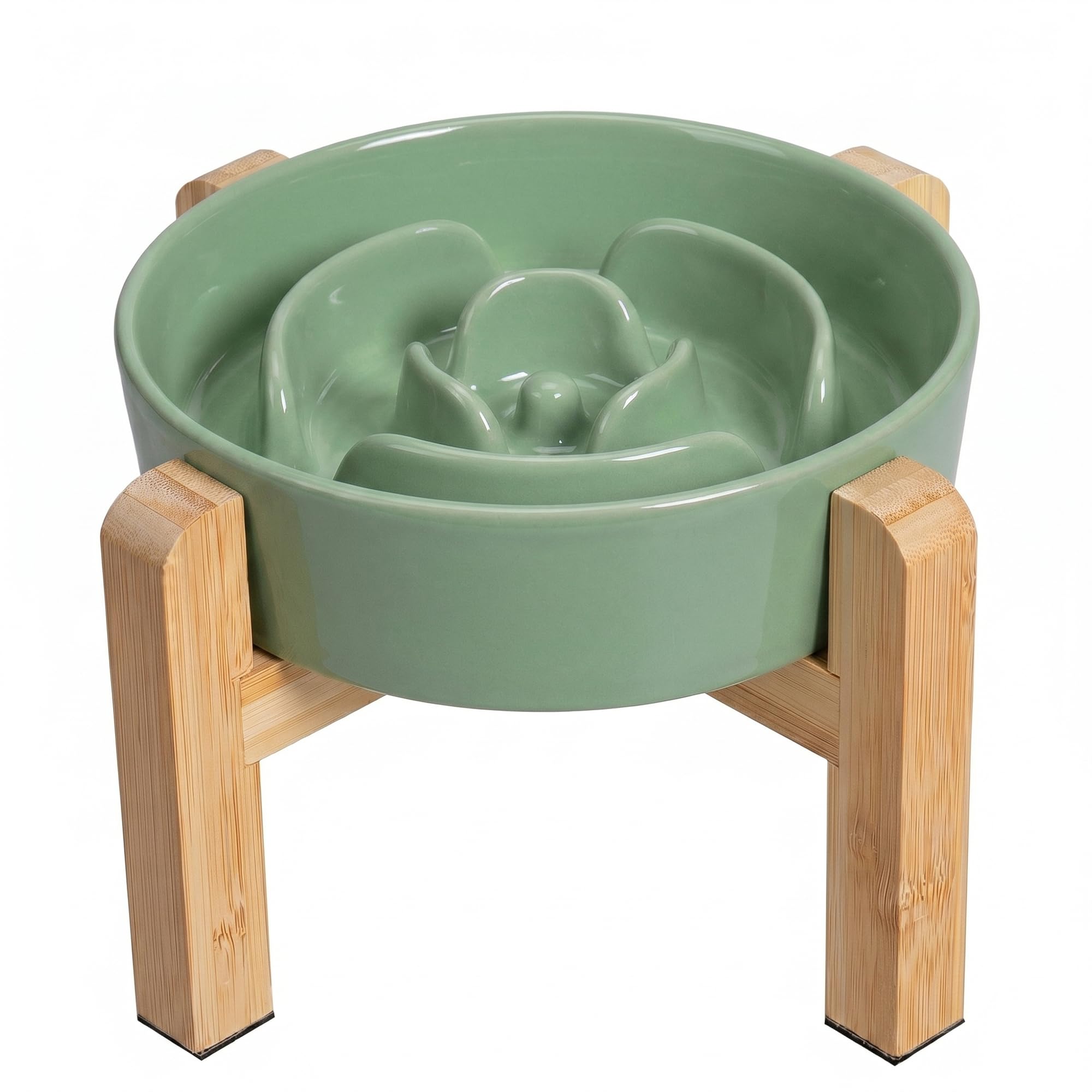 Elevated Slow Feeder Dog Bowl - Raised Ceramic Dog Bowl with Anti-Slip Stand - Fun Maze Dog Feeding Bowl for Fast Eater - Heavy Dog Food Dish - Designed for Small and Medium Dogs - Green - 6.7 inch