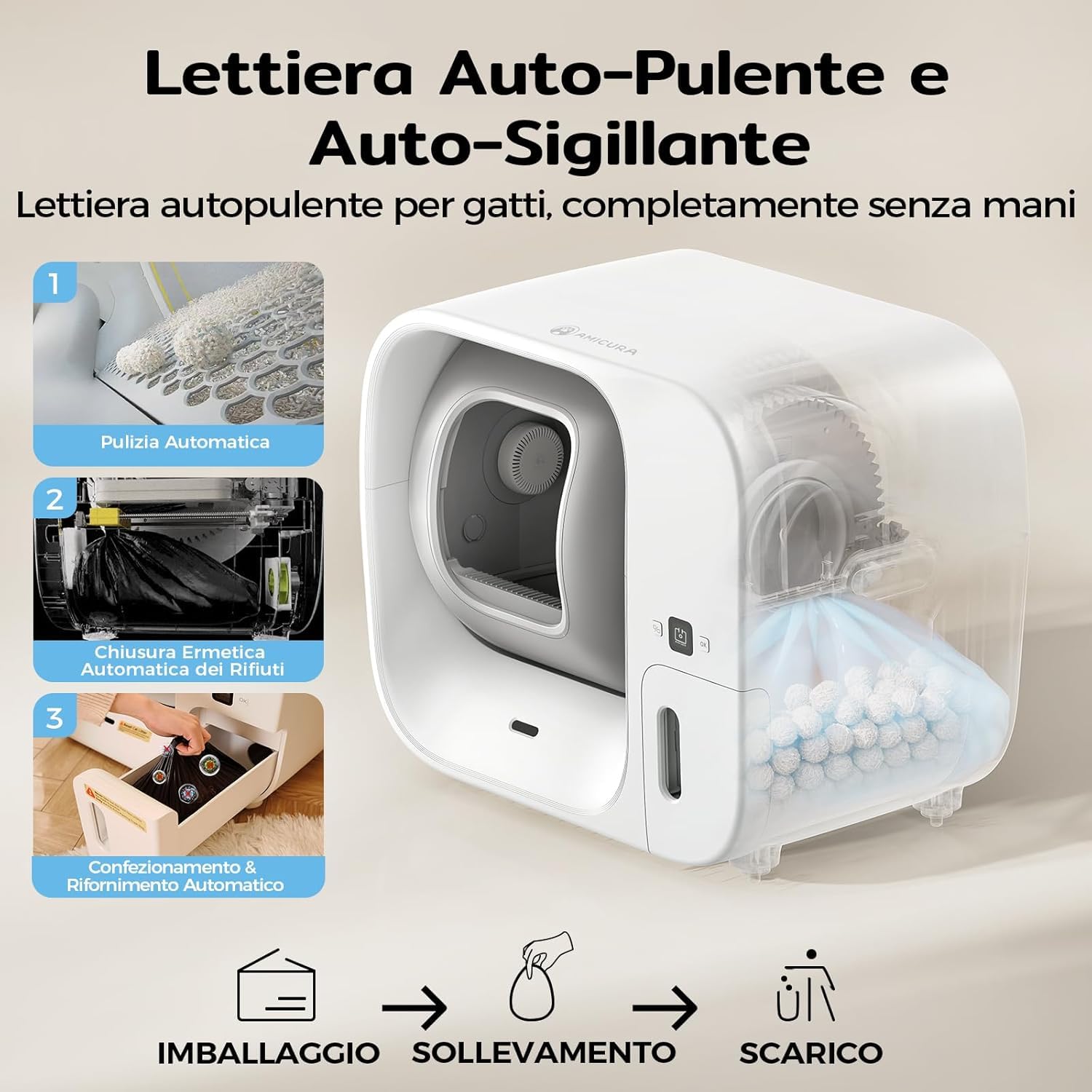 Amicura Cura3 Lettiera Gatto Autopulente Automatica - Auto-Imballaggio Senza Contatto, 7 Sensori Sicurezza TÜV, Anti-Fuite 360° & Antiodore, Controllo APP per Più Gatti Lettiera Autopulente per Gatti