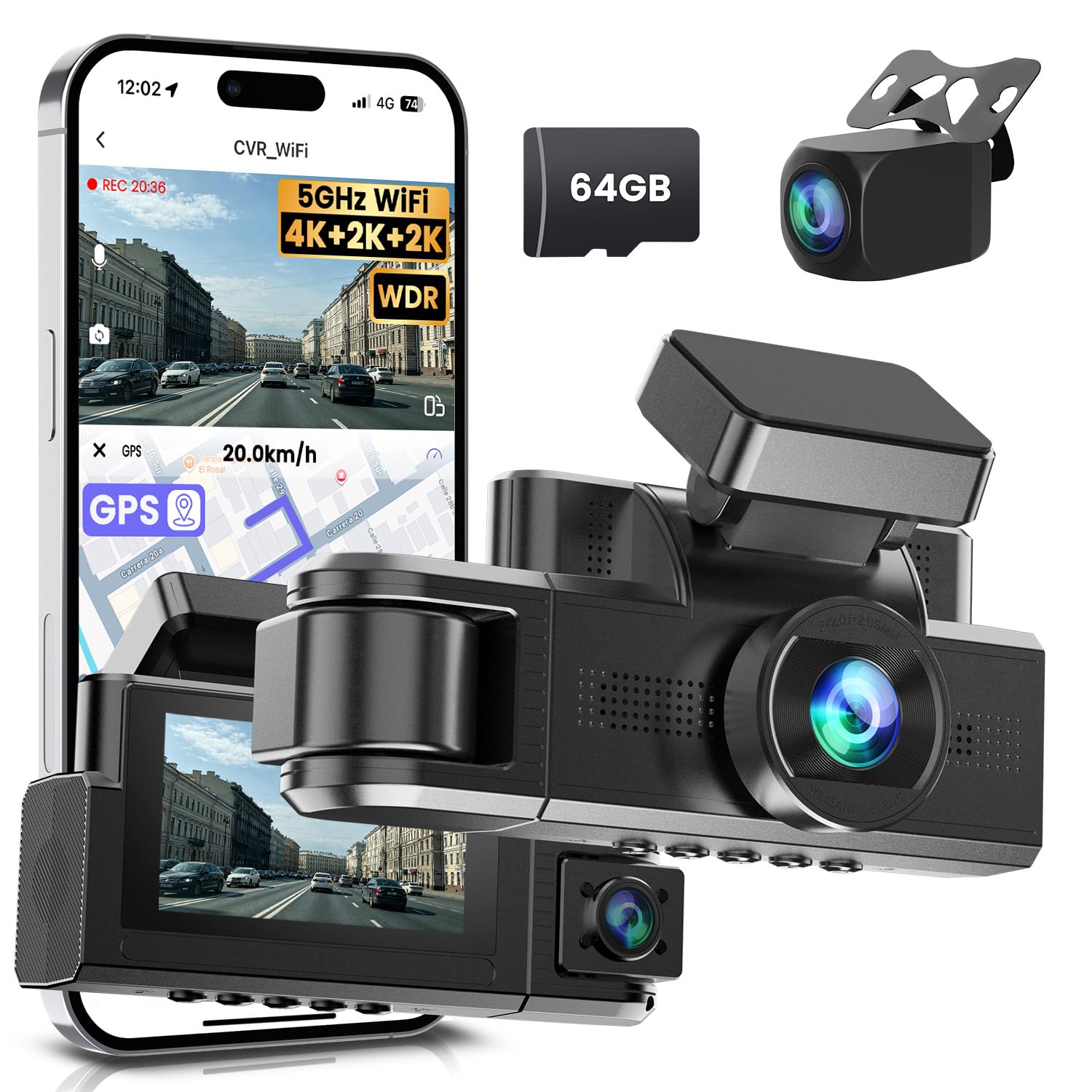 4K Dashcam Coche 3 Canales, Frontal Trasera y Interior 4K+2K+2K | GPS, 5GHz WiFi, WDR, Visión Nocturna, Visión 170°, G-Sensor, Monitor de Aparcamiento 24/7, Tarjeta de 64GB Incluida