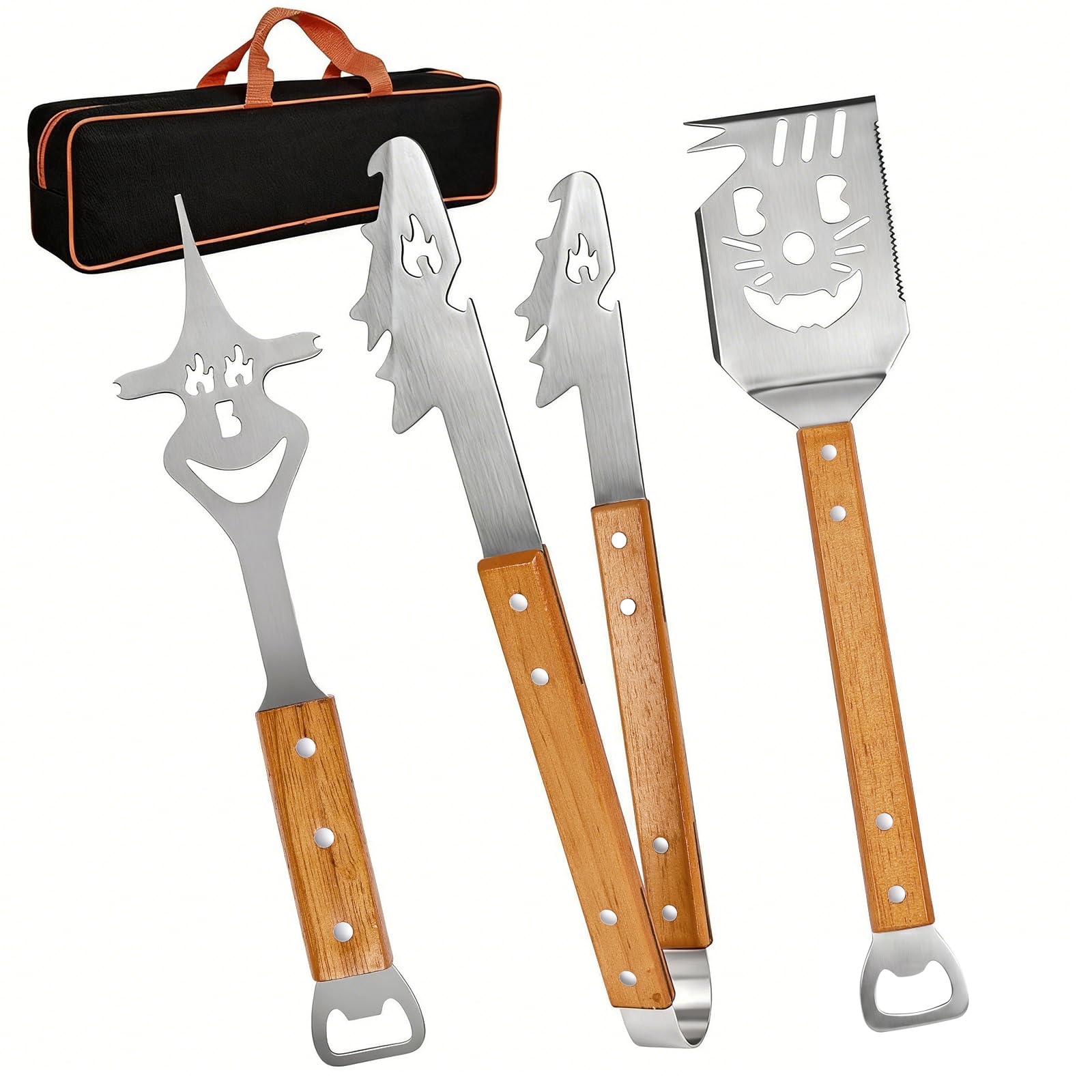 3 Pièces Kit Barbecue,Set Barbecue avec Sac de Transport,Ustensiles Barbecue Acier Inoxydable et Bois,Set Accessoires Barbecue pour Camping et Jardin,Cadeau Homme (Kit Barbecue 3 Pièces)