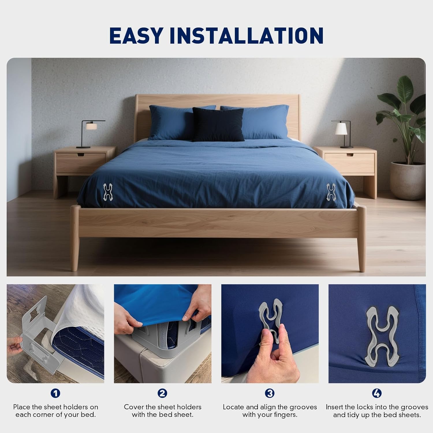 Bed Sheet Holders Lock for Corners - Lock Sheet Mattress Holder Corner Keep Firm Tight in Place Set of 4 - Heavy Duty Bed Sheets Holder for All Mattress Sizes (Grey)