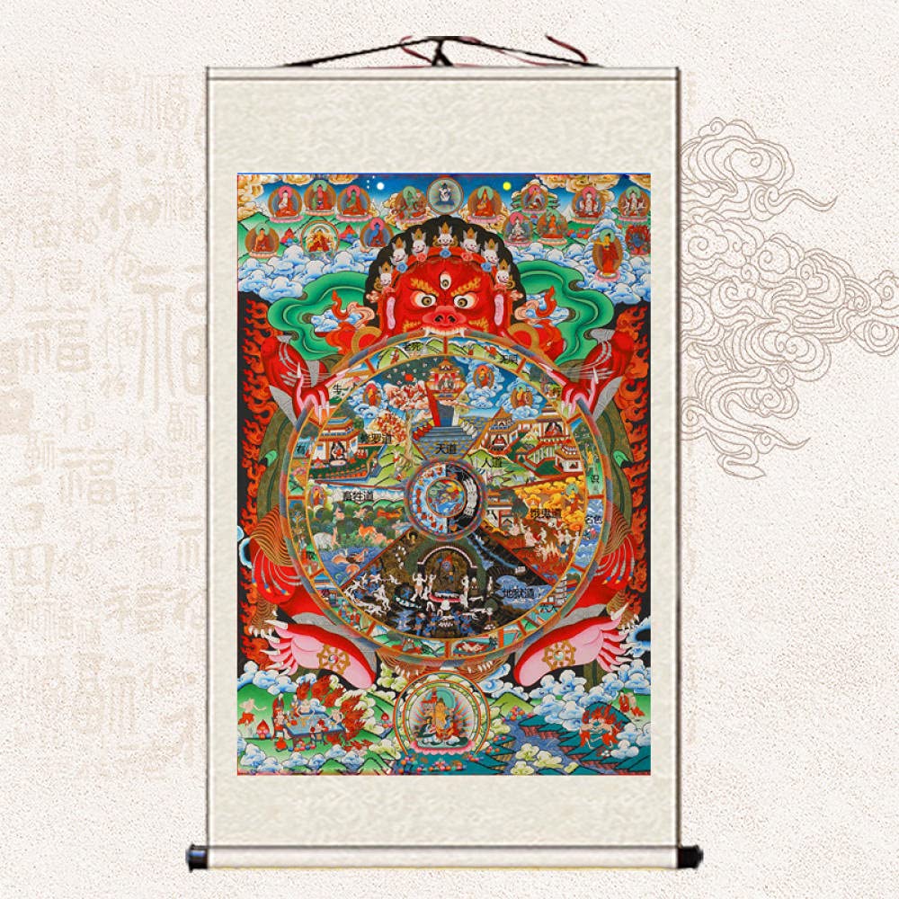 Malarstwo przewijania, malarstwo buddyjskie Thangka, brokat Thangka, mitologia historia reinkarnacji życia i śmierci Jedwabny rysunek przewijania dekoracyjne obrazy-Khaki (kolor: khaki) (kolor: mleczn