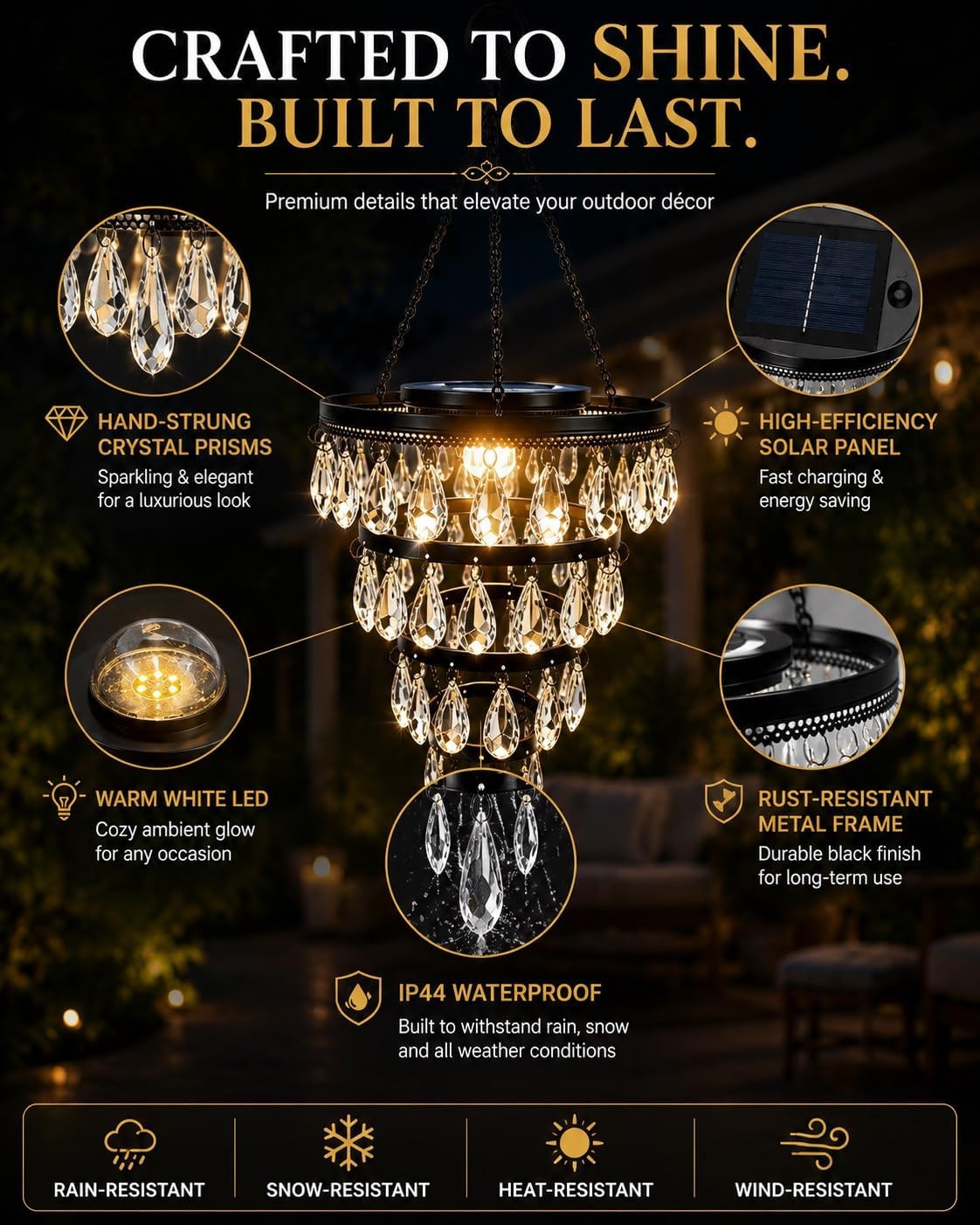 Garden Chandelier Outdoor Solar Powered Crystal Acrylic Hanging Light Weatherproof 6 Tiered with Warm LED Pendant Lantern for Patio Porch Gazebo Wedding Holiday Party Ambient Lighting(Transparent) image 5
