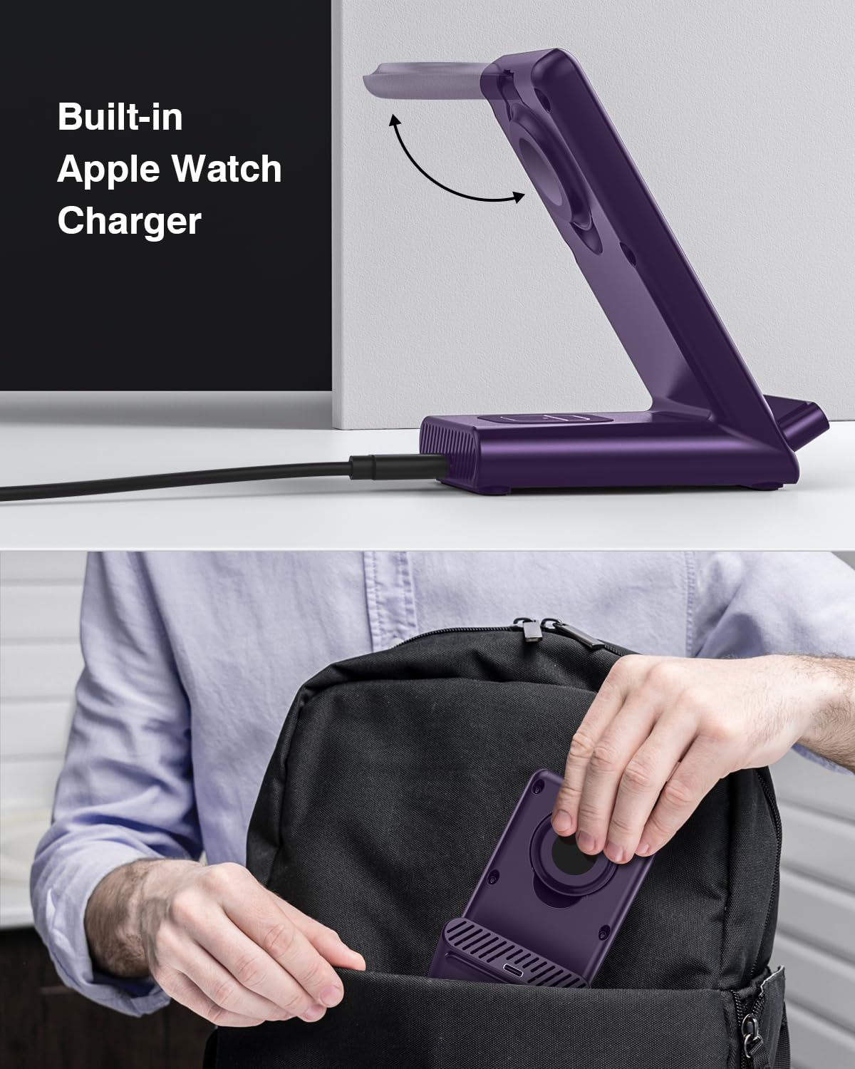 QKXC Bezprzewodowa stacja ładująca, uchwyt 3 w 1, pasuje do Apple Watch Ultra 9, 8, 7, 6, SE, 5, 4, 3, szybka ładowarka do iPhone'a 15/15 Plus/15 Pro Max / 14/13/12/11/X, AirPods Pro (z adapterem