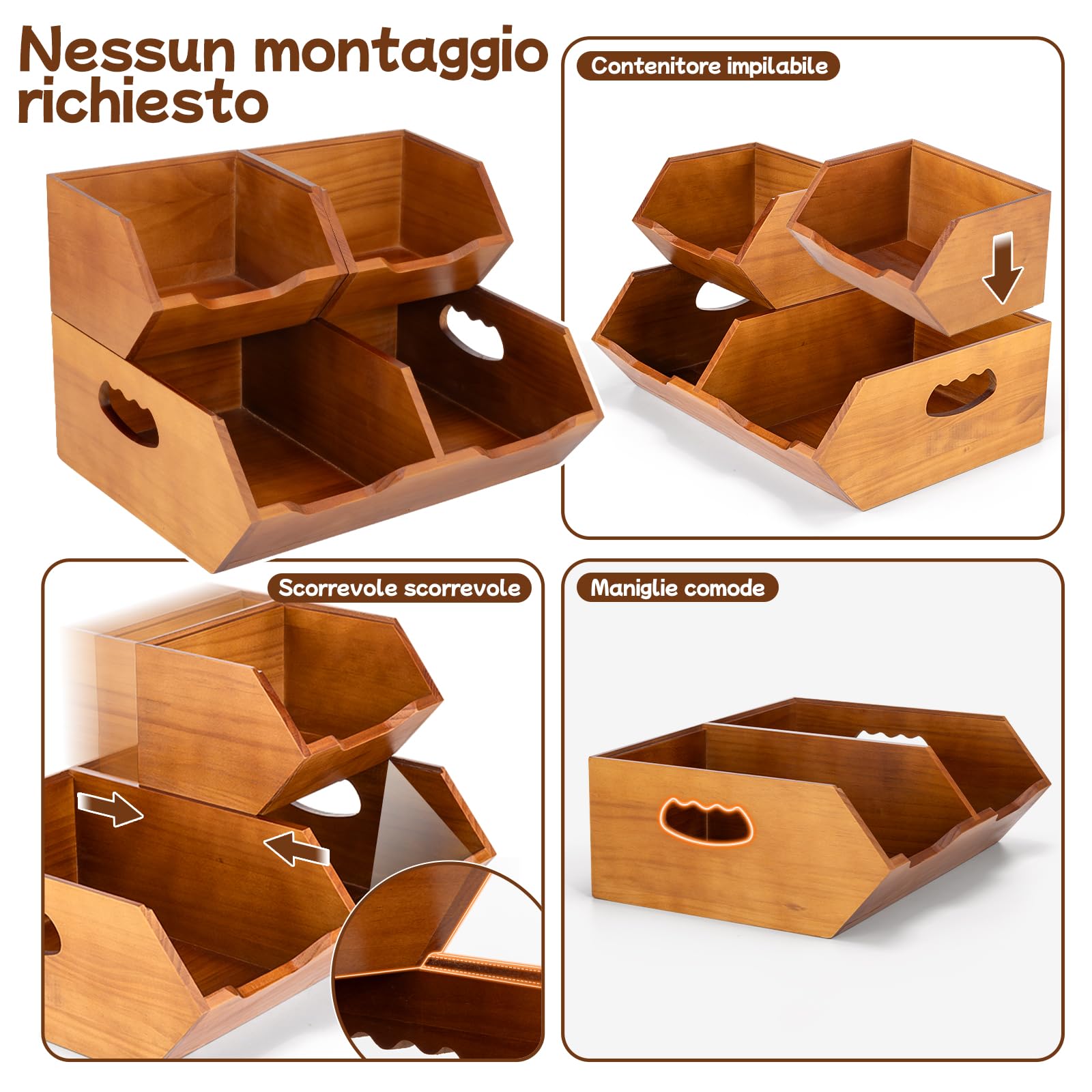 Aquzee Porta Patate, Porta Patate Cipolle Aglio, Set Di 3 Contenitori Impilabili A 2 Strati, Per Cipolle Separabili, Contenitori Cucina Organizer, Porta Pane Da Cucina, In Legno Per Frutta E Verdura