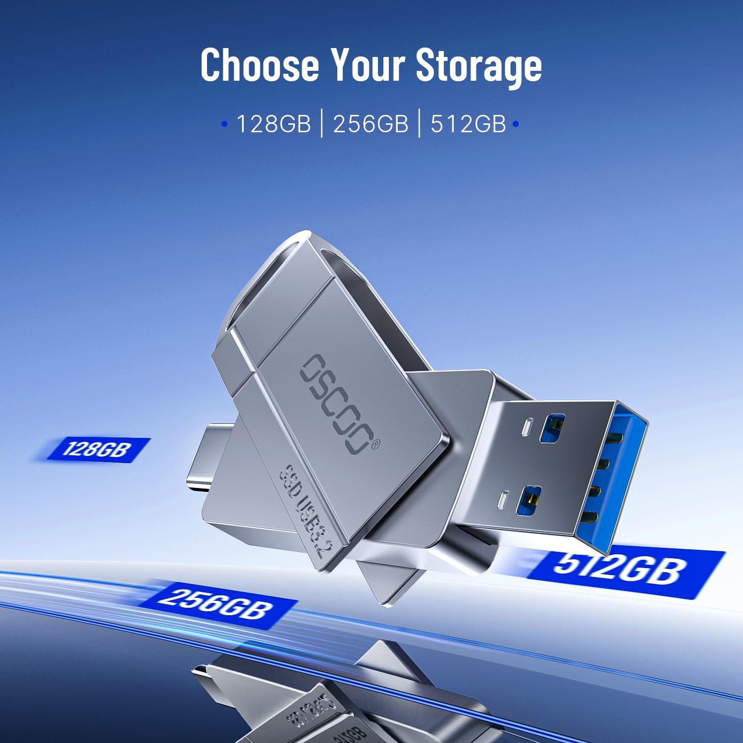 128GB SSD Flash Drive, Up to 550MB/s–USB 3.2 Gen1 Thumb Drive, Dual USB-C & USB-A Ports, Compatible with iPhone 15/16/17, Android Phones, Mac – Photo & Video Backup