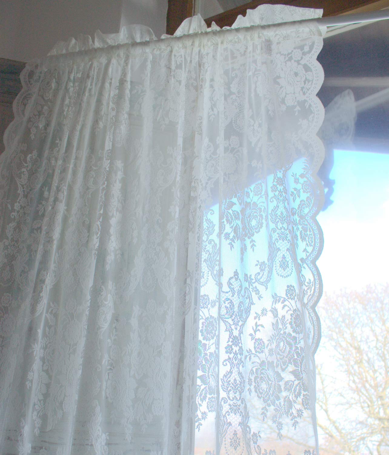 Offwhite Lucia Vorhang Spitzen Gardine Rosen 120x240 cm 2 Stück Gardinenshals Landhaus Shabby Vintag