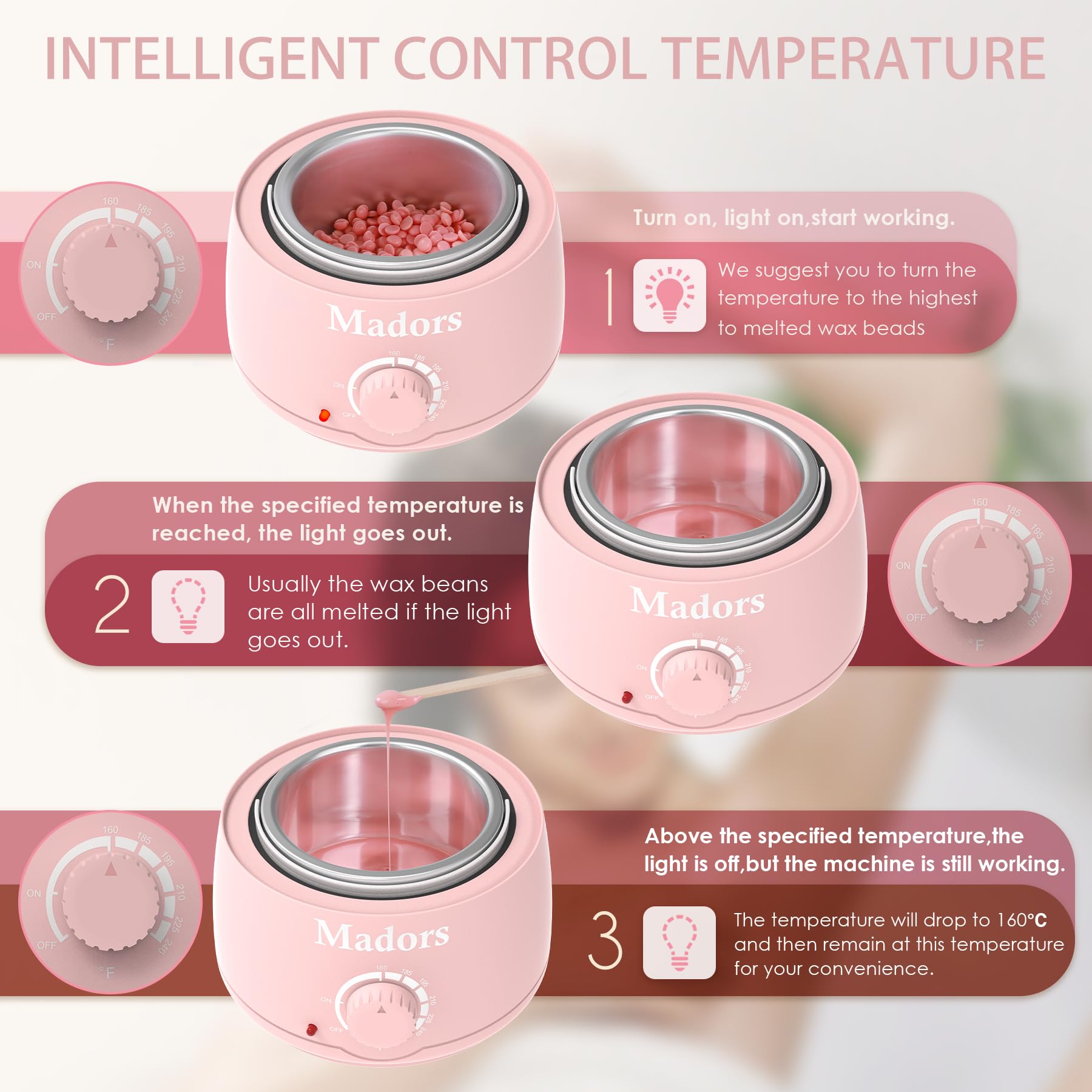 Madors Waxing Kit for Women Heating Ring Wax Warmer Wax Kit for Hair Removal Intelligent Temperature Control Wax Machine with Hard Wax Beads(Pink) - Image 4