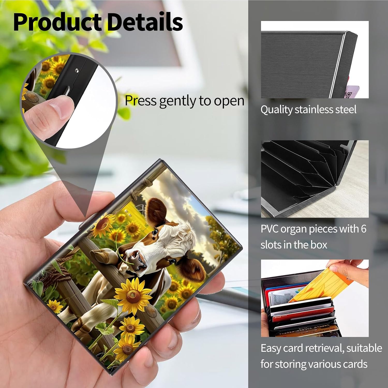 Metal Wallet for Women Men Girls, RFID Blocking Slim Aluminum Credit Card Holder, Mini Travel Wallet with Hard Shell, Lightweight ID & Business Card Case,Cute Cow image 3