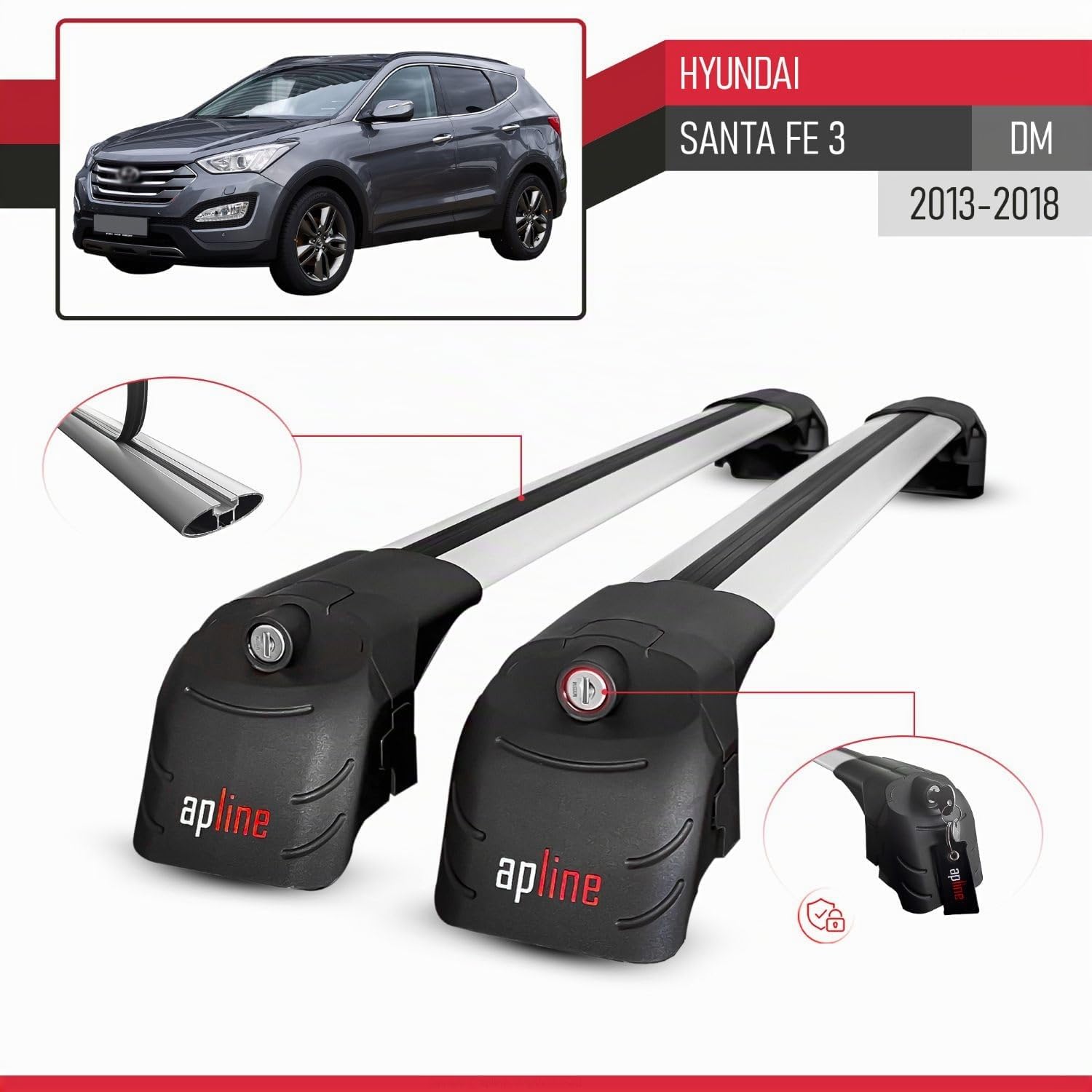 Compatible con Hyundai Santa Fe 3 (DM) 2013-2018 Modelo Ace-2 Barra de Techo Auto Portaequipajes Barras Transversales Gris Aluminio 2 Barras