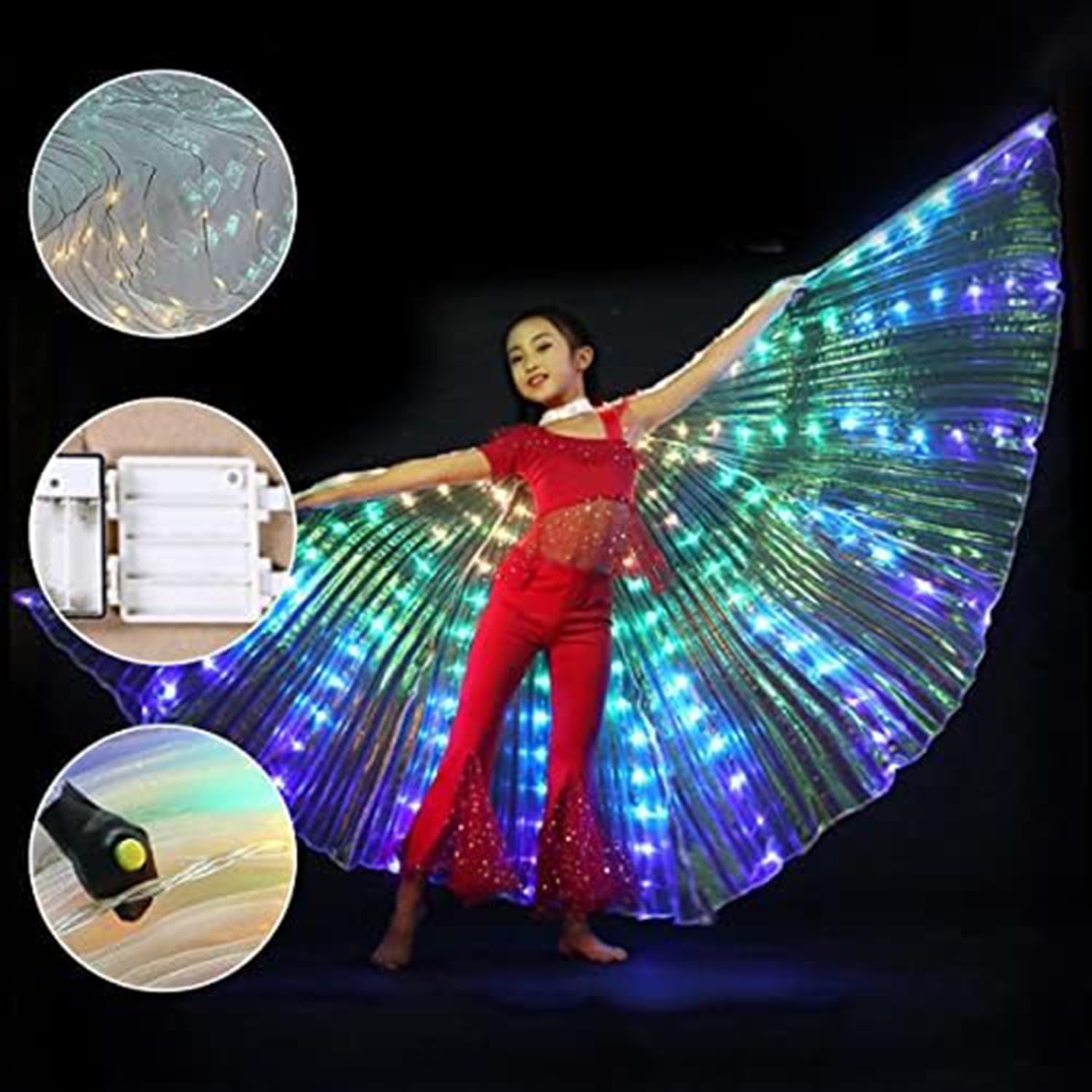 Ali LED per danza del ventre, ali di farfalla illuminate con bastoncini telescopici, perfette per carnevale, Halloween, feste di Natale