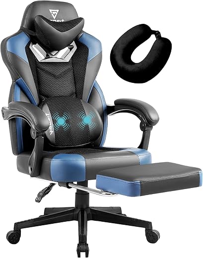 Gaming Chair PRO, Ergonomic Gaming Chairs for Adults Heavy People, Massage Office Desk Computer Chair with Footrest and Lumbar Support, Big Tall Mesh Gamer Chair with Cushion (Black Blue) B0D7CRC8TP