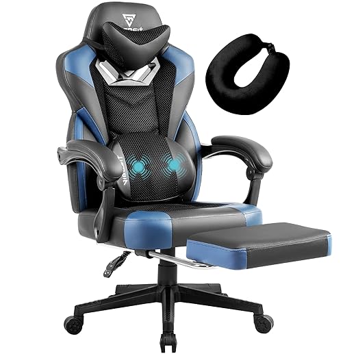 Gaming Chair PRO, Ergonomic Gaming Chairs for Adults Heavy People, Massage Office Desk Computer Chair with Footrest and Lumbar Support, Big Tall Mesh Gamer Chair with Cushion (Black Blue)